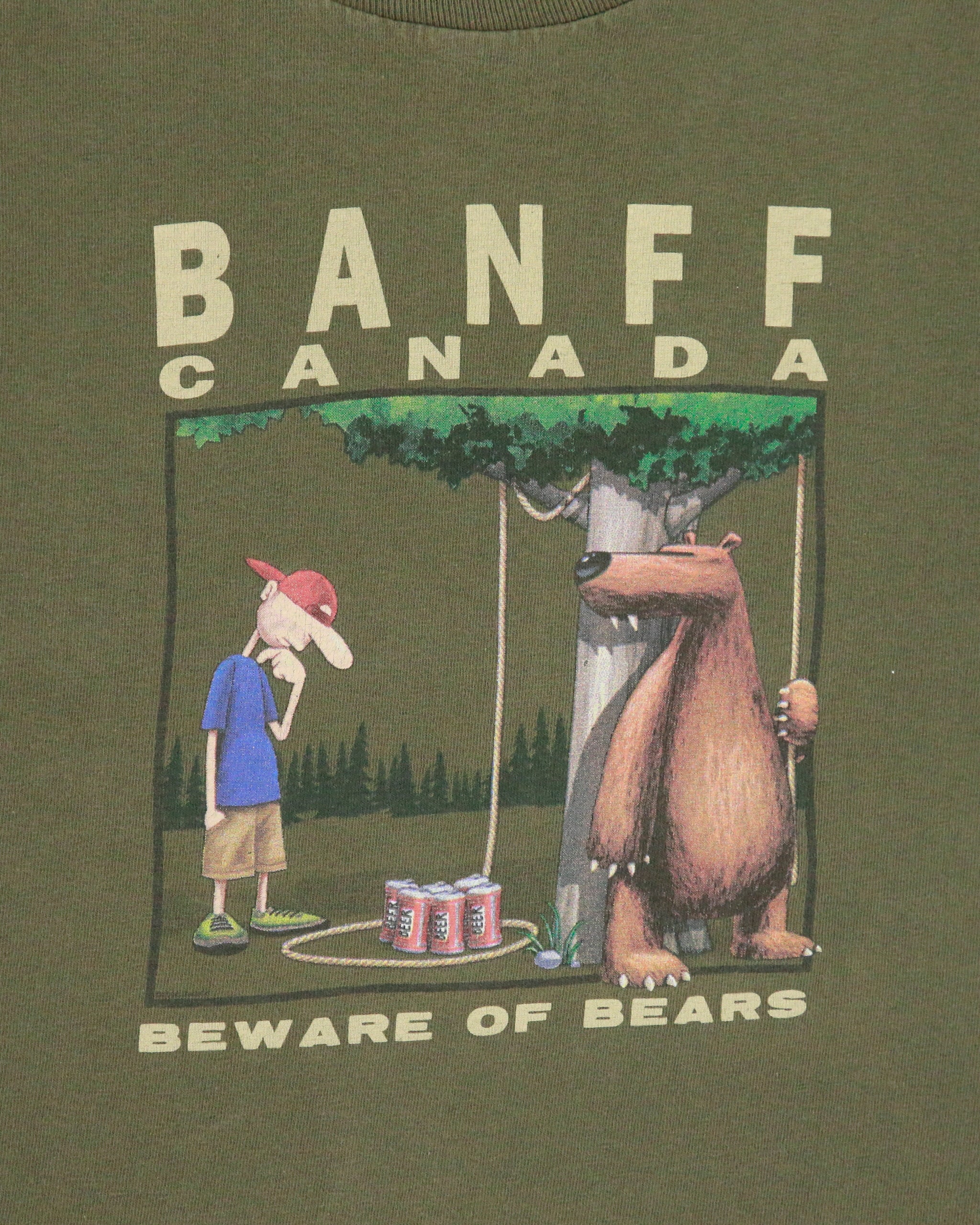 Vintage Y2K 00s Banff Canada Khaki Beware Of Bears Novelty Crewneck T-Shirt - S