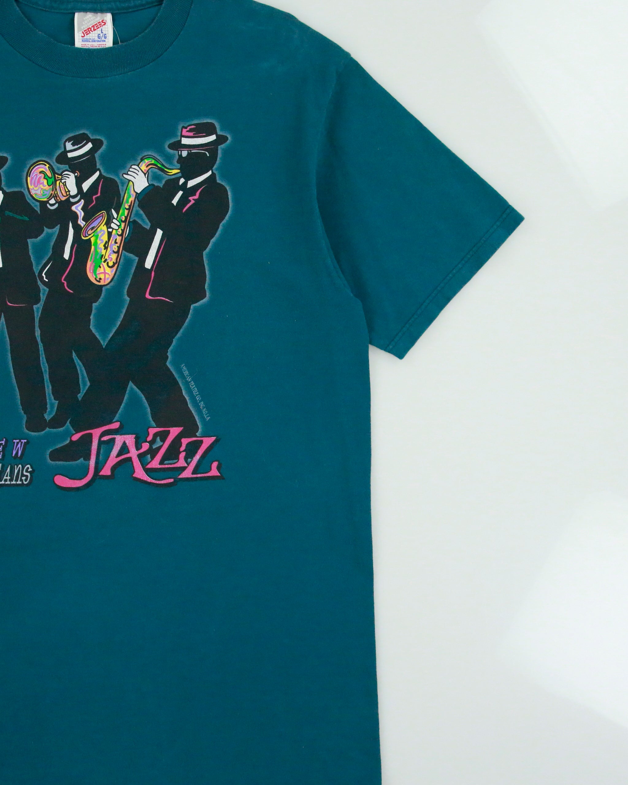 Vintage 1990s New Orleans Jazz Teal Heavyweight Jerzees Made In USA Crewneck T-Shirt - L