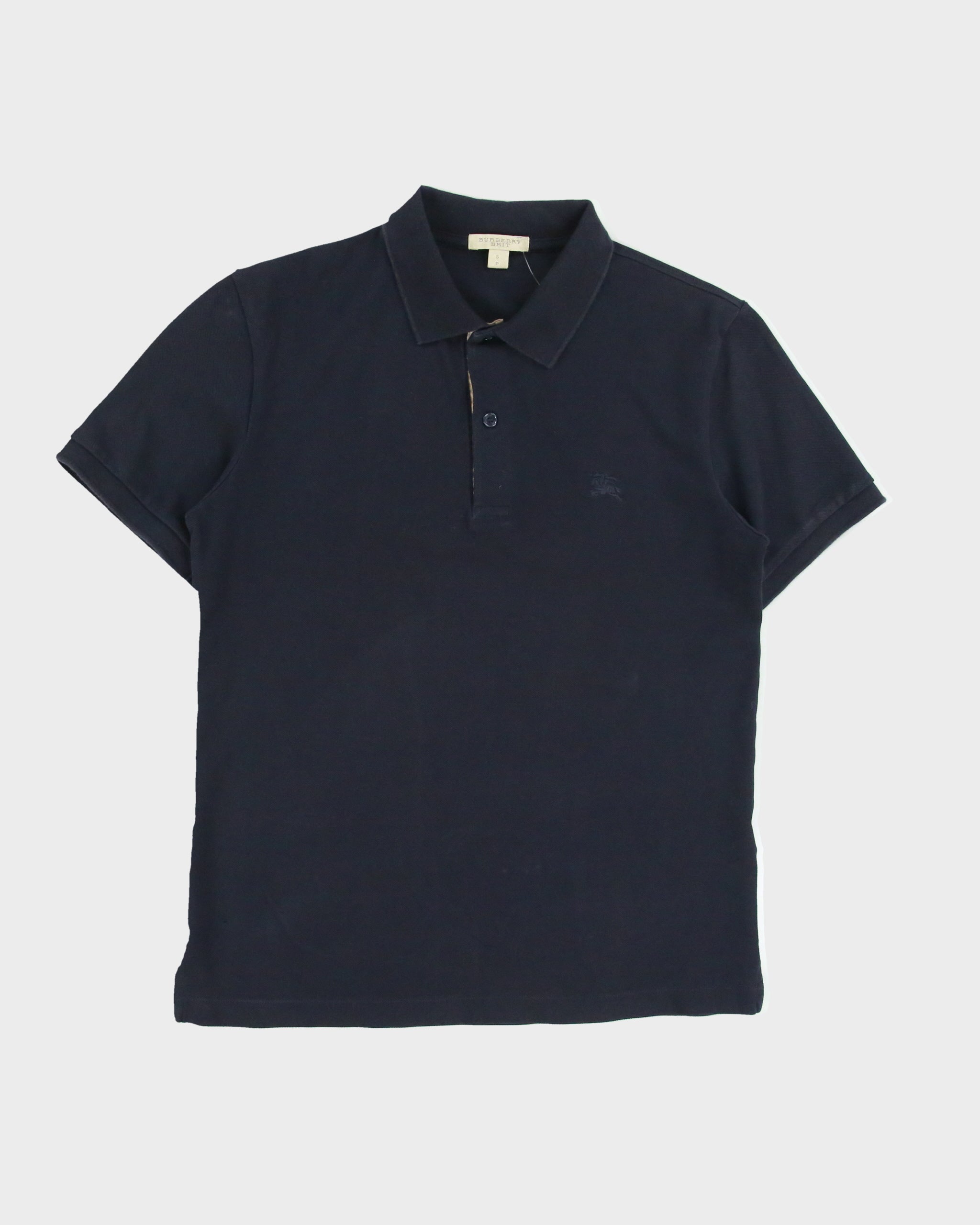 Vintage Burberry Brit Navy Nova Check Placket Short Sleeve Polo Shirt - S
