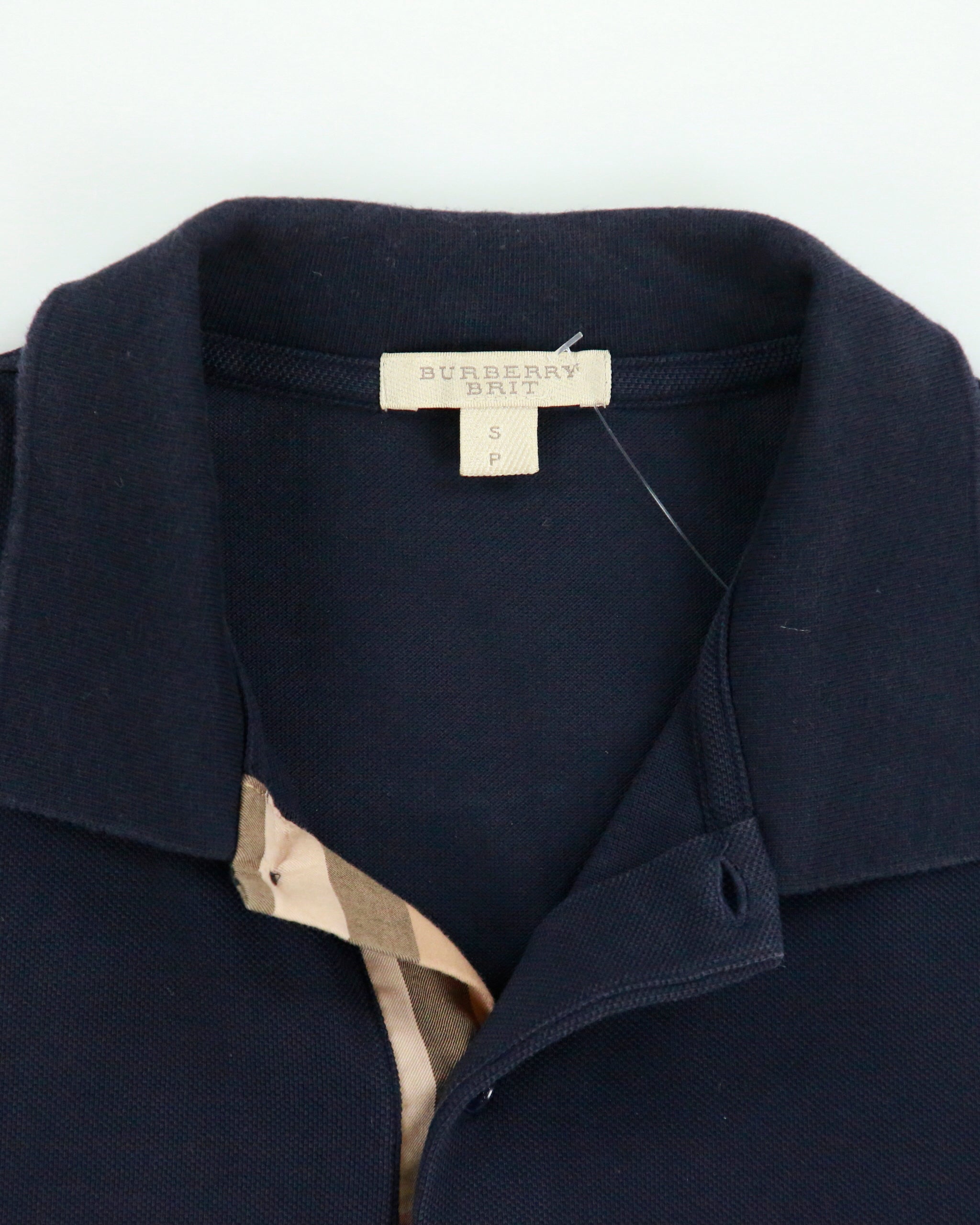 Vintage Burberry Brit Navy Nova Check Placket Short Sleeve Polo Shirt - S