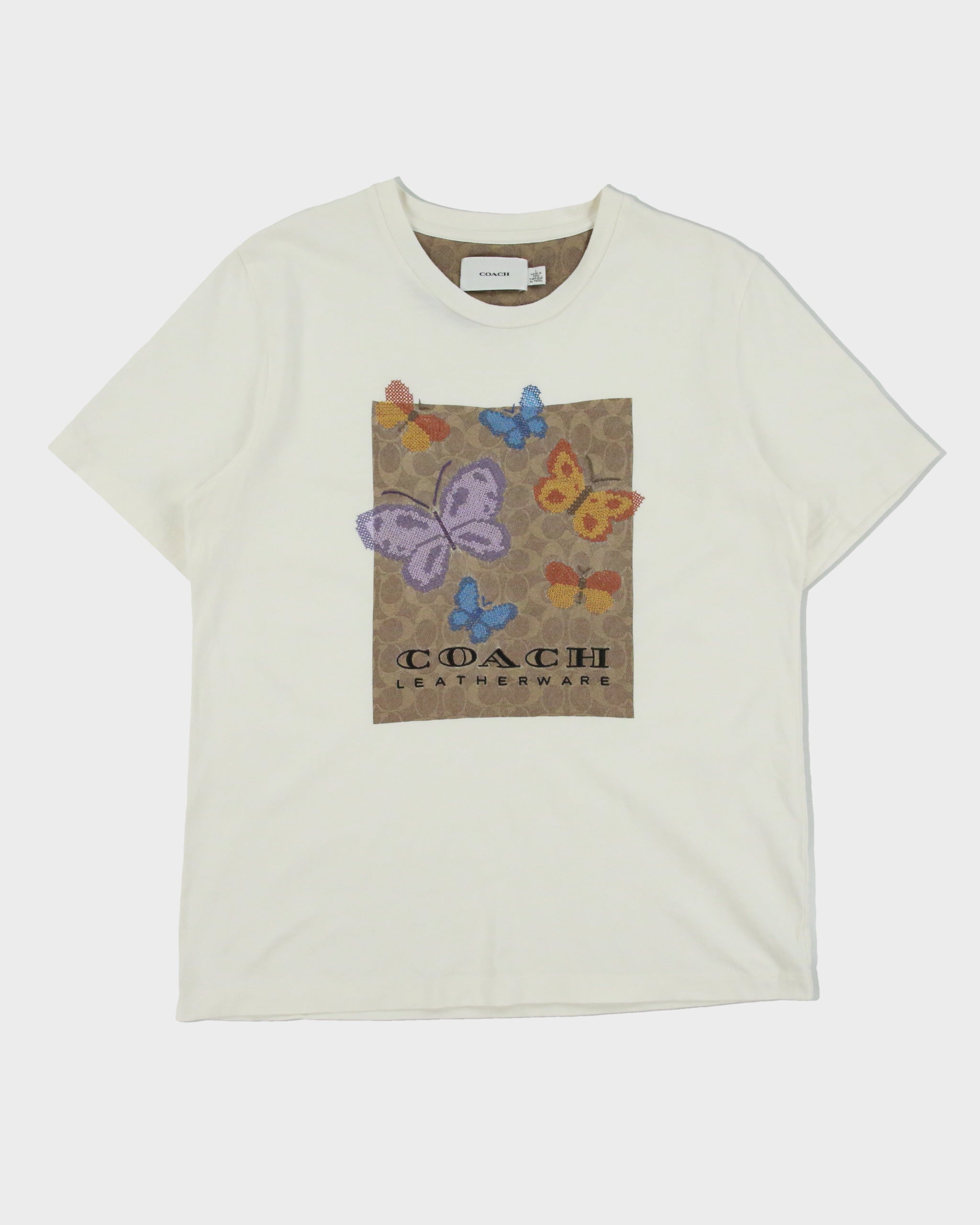 Coach Signature Square Cross Stitch Butterfly Motif Heavyweight Crewneck T-Shirt - L