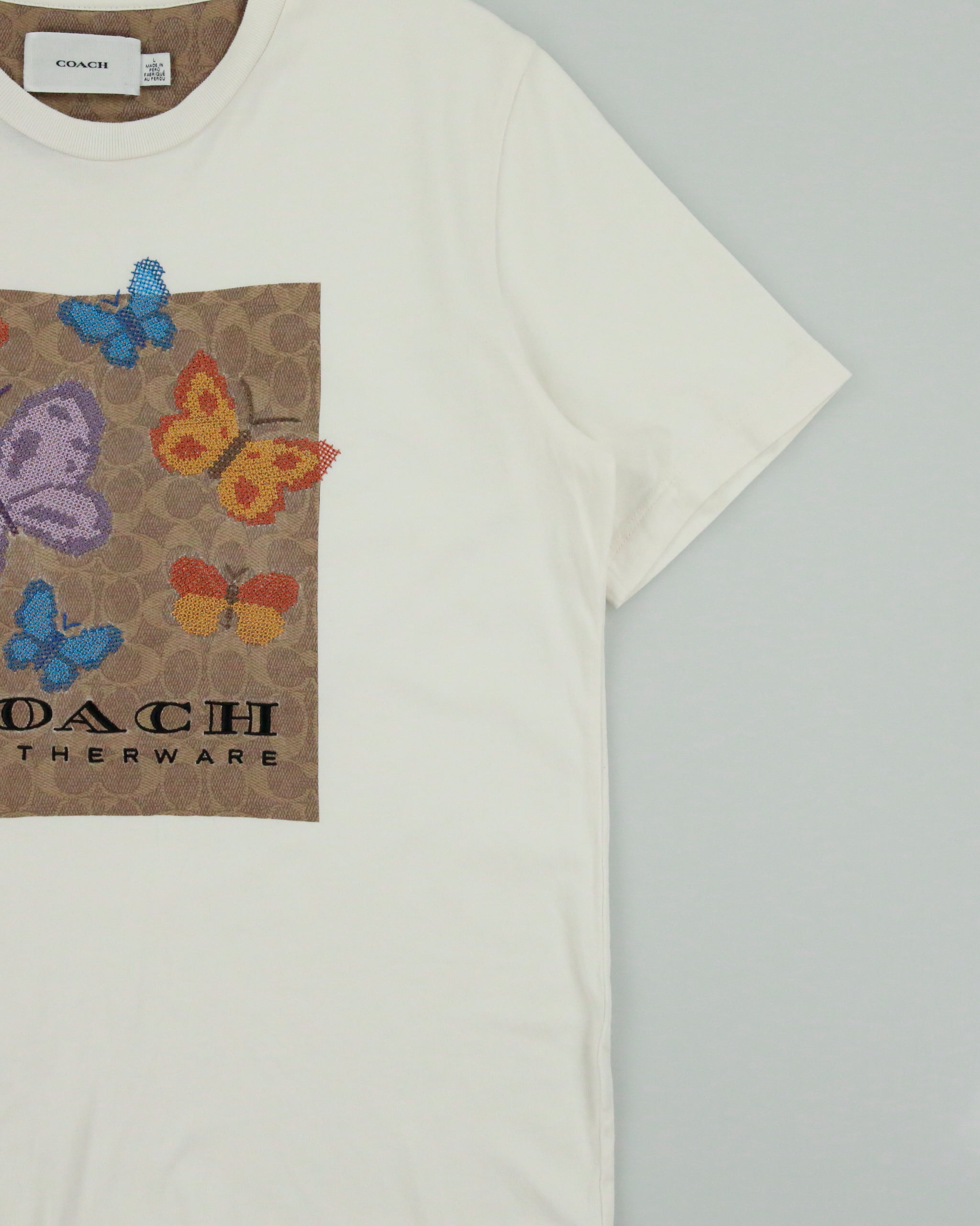 Coach Signature Square Cross Stitch Butterfly Motif Heavyweight Crewneck T-Shirt - L