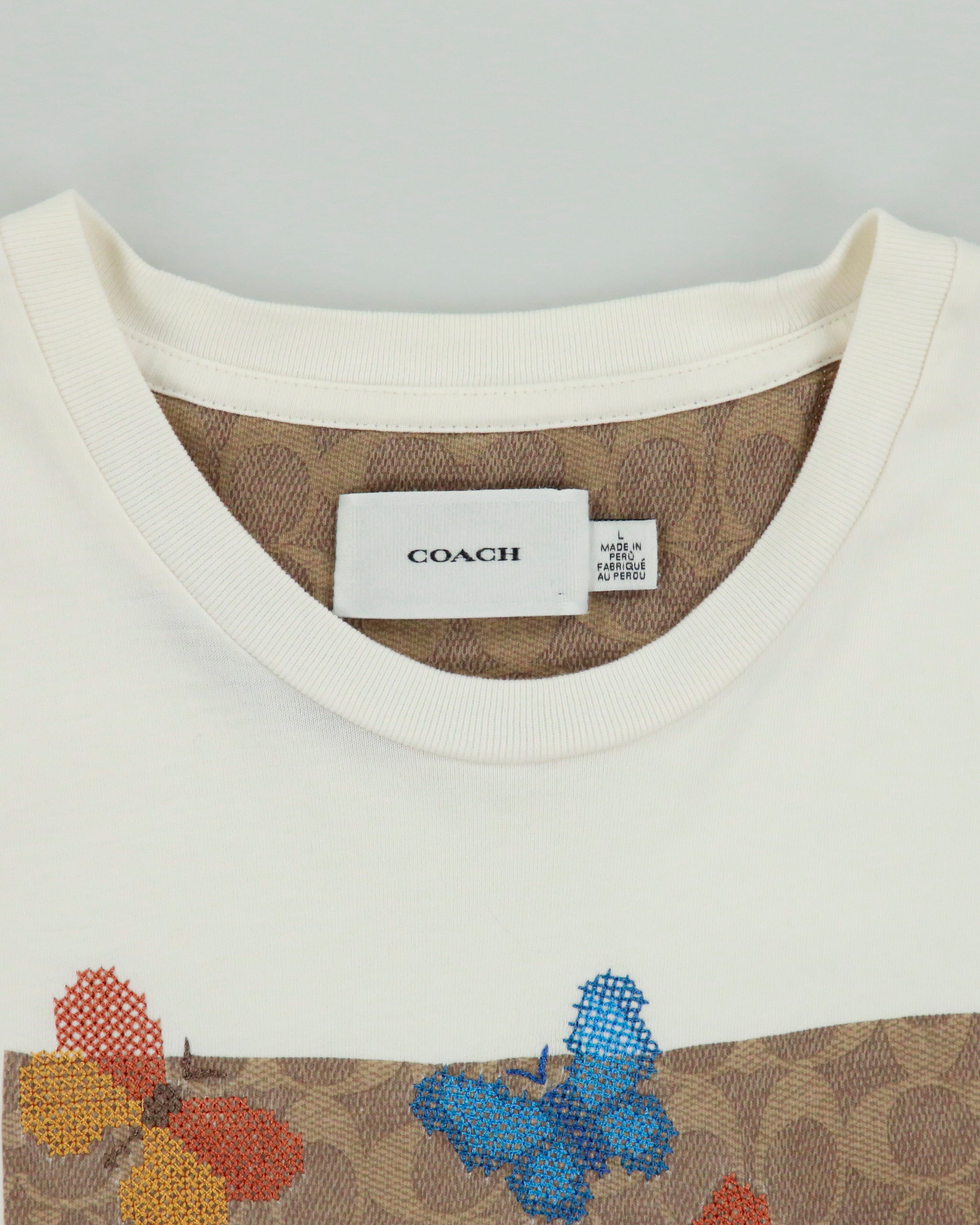 Coach Signature Square Cross Stitch Butterfly Motif Heavyweight Crewneck T-Shirt - L