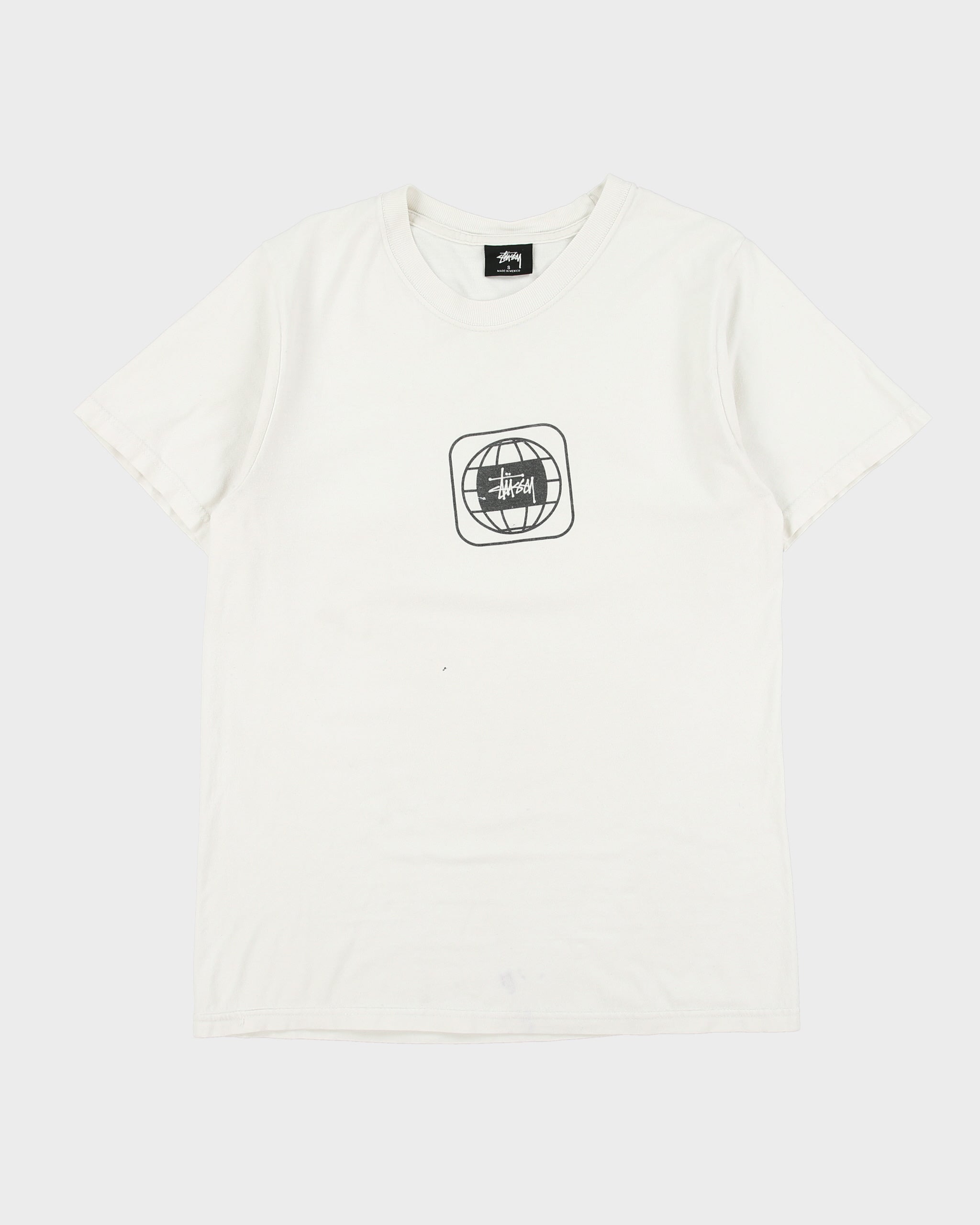 Vintage Stussy Worldwide Box Logo Distressed Heavyweight Crewneck T-Shirt - S