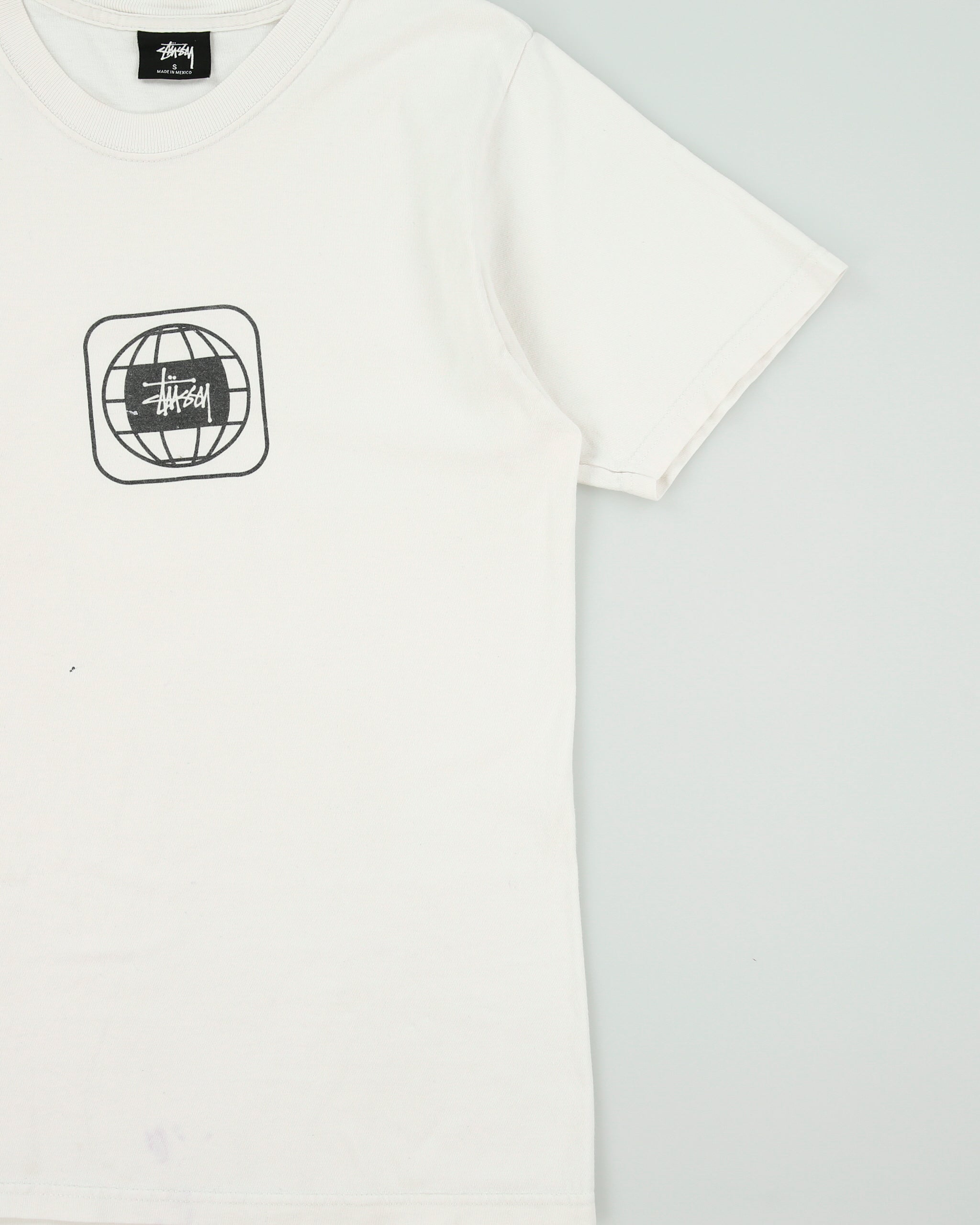 Vintage Stussy Worldwide Box Logo Distressed Heavyweight Crewneck T-Shirt - S