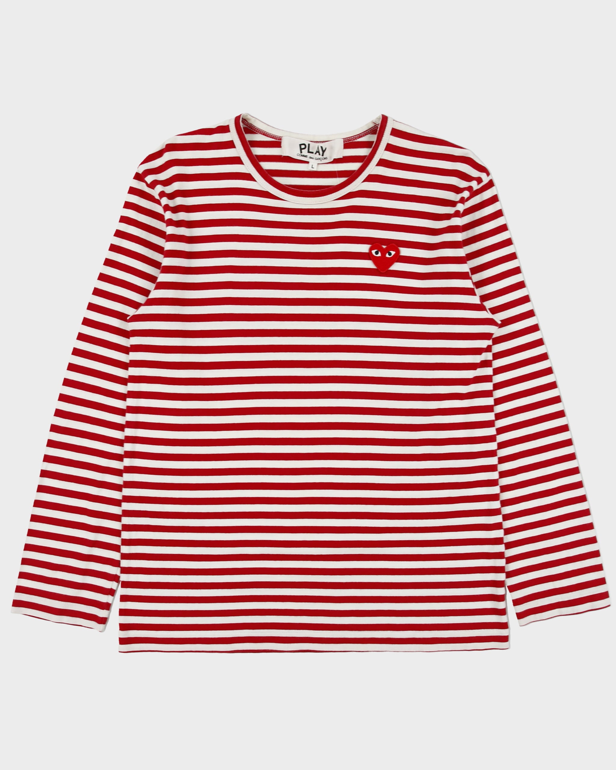 Comme des Garçons PLAY Heavyweight Striped Embroidered Heart Single Stitch Long Sleeve Crewneck T-Shirt - L