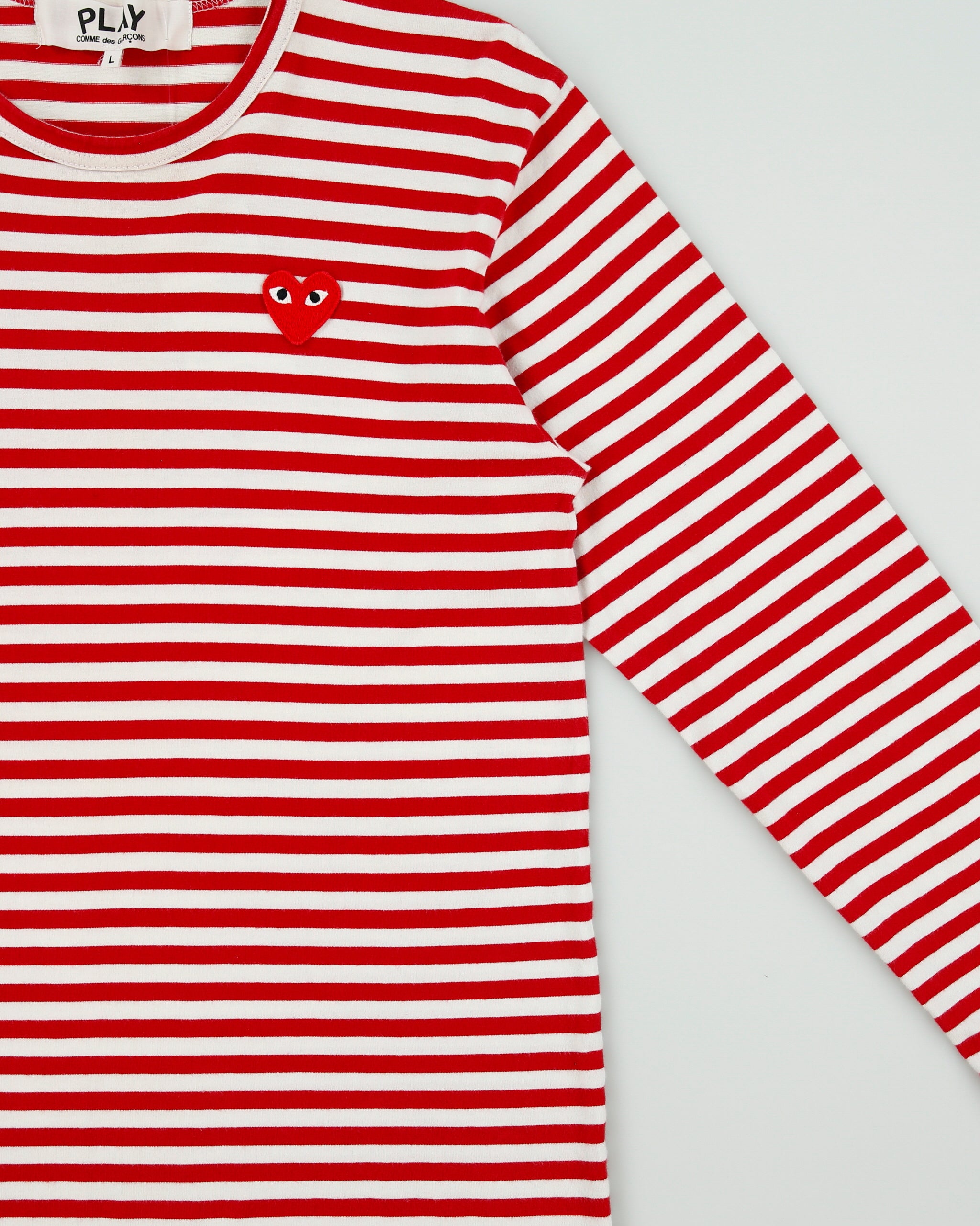 Comme des Garçons PLAY Heavyweight Striped Embroidered Heart Single Stitch Long Sleeve Crewneck T-Shirt - L