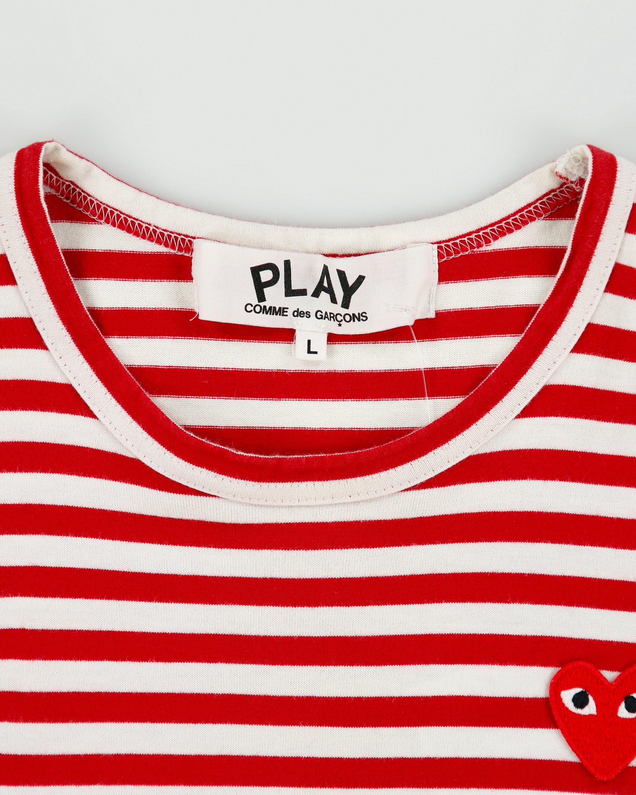 Comme des Garçons PLAY Heavyweight Striped Embroidered Heart Single Stitch Long Sleeve Crewneck T-Shirt - L