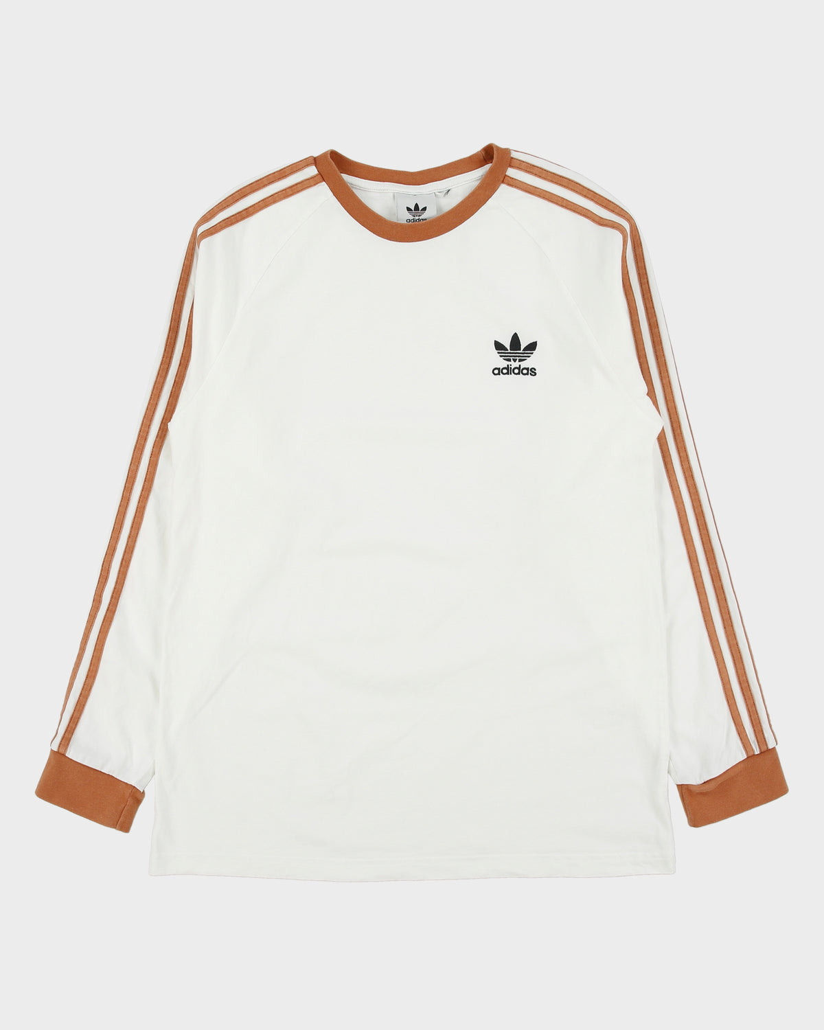 Vintage Adidas Originals Tan 3-Stripe Heavyweight Long Sleeve Crewneck T-Shirt - M
