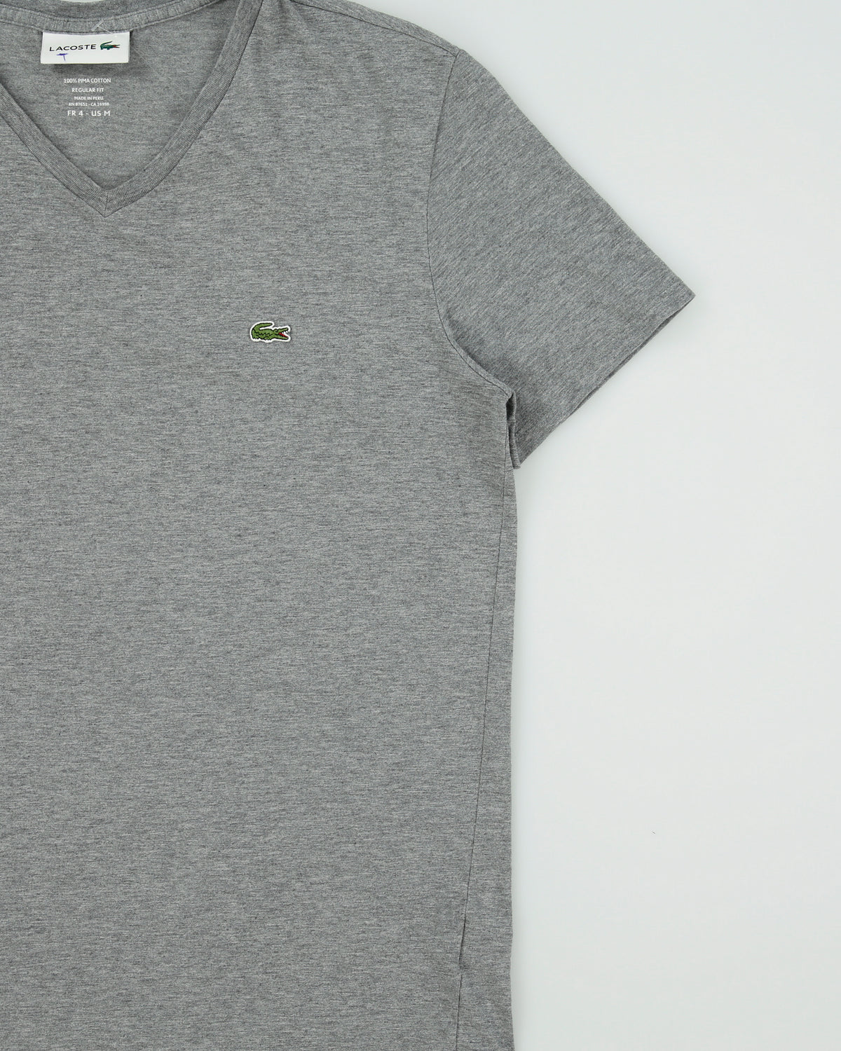 Vintage Lacoste Grey Marl Pima Cotton Classic Pique V-Neck T-Shirt - M