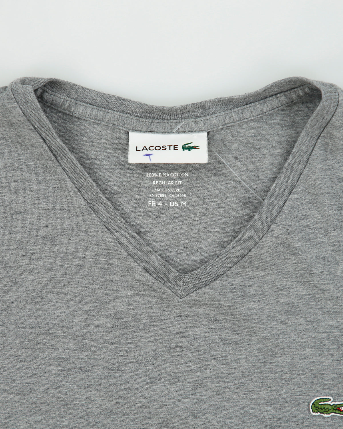 Vintage Lacoste Grey Marl Pima Cotton Classic Pique V-Neck T-Shirt - M
