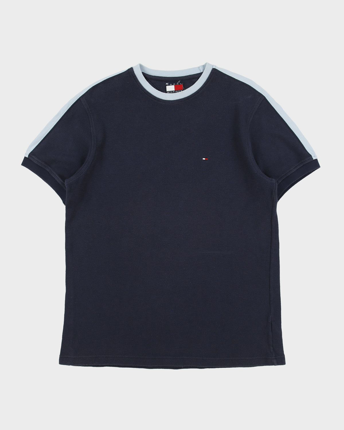 Vintage Y2K 00s Tommy Hilfiger Heavyweight Baby Blue Taped Crewneck Waffle T-Shirt - M