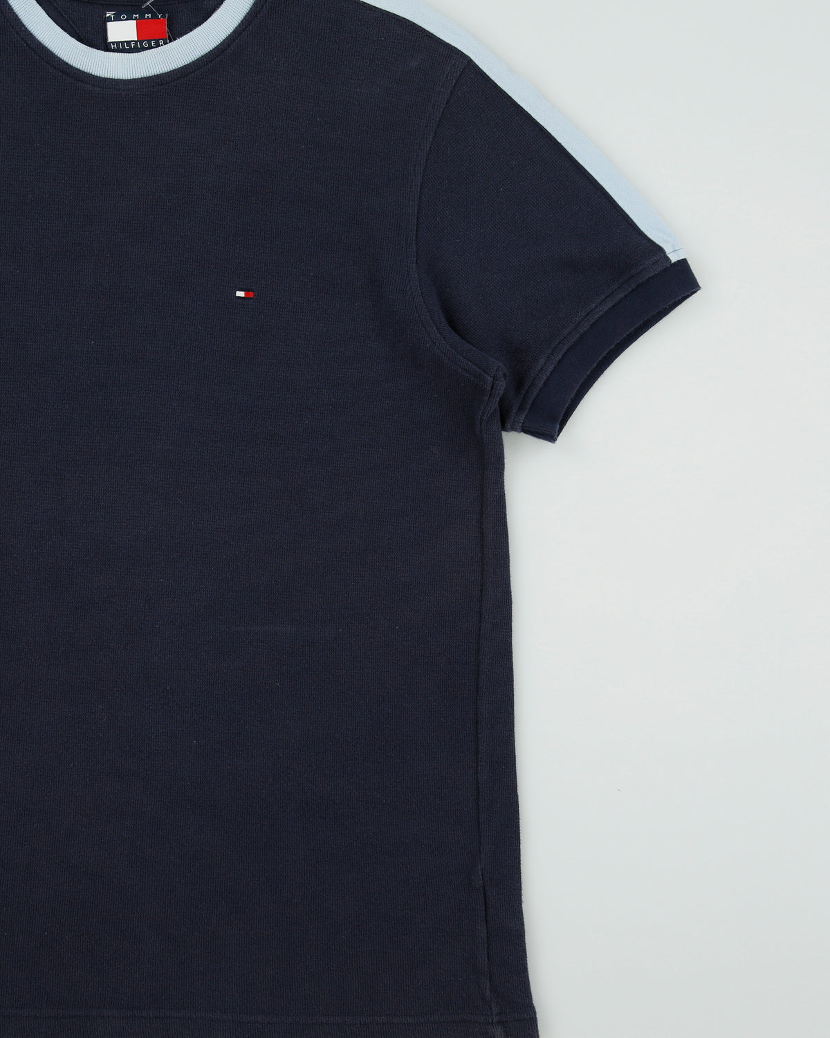Vintage Y2K 00s Tommy Hilfiger Heavyweight Baby Blue Taped Crewneck Waffle T-Shirt - M