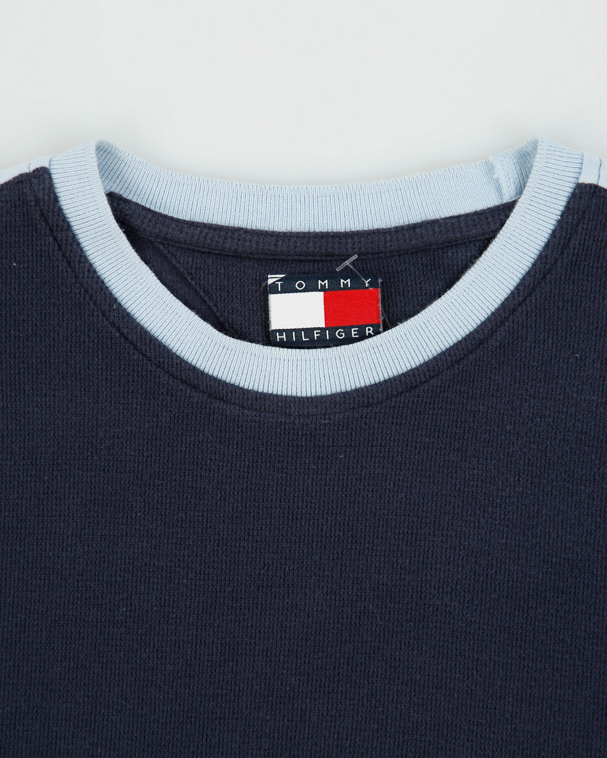 Vintage Y2K 00s Tommy Hilfiger Heavyweight Baby Blue Taped Crewneck Waffle T-Shirt - M