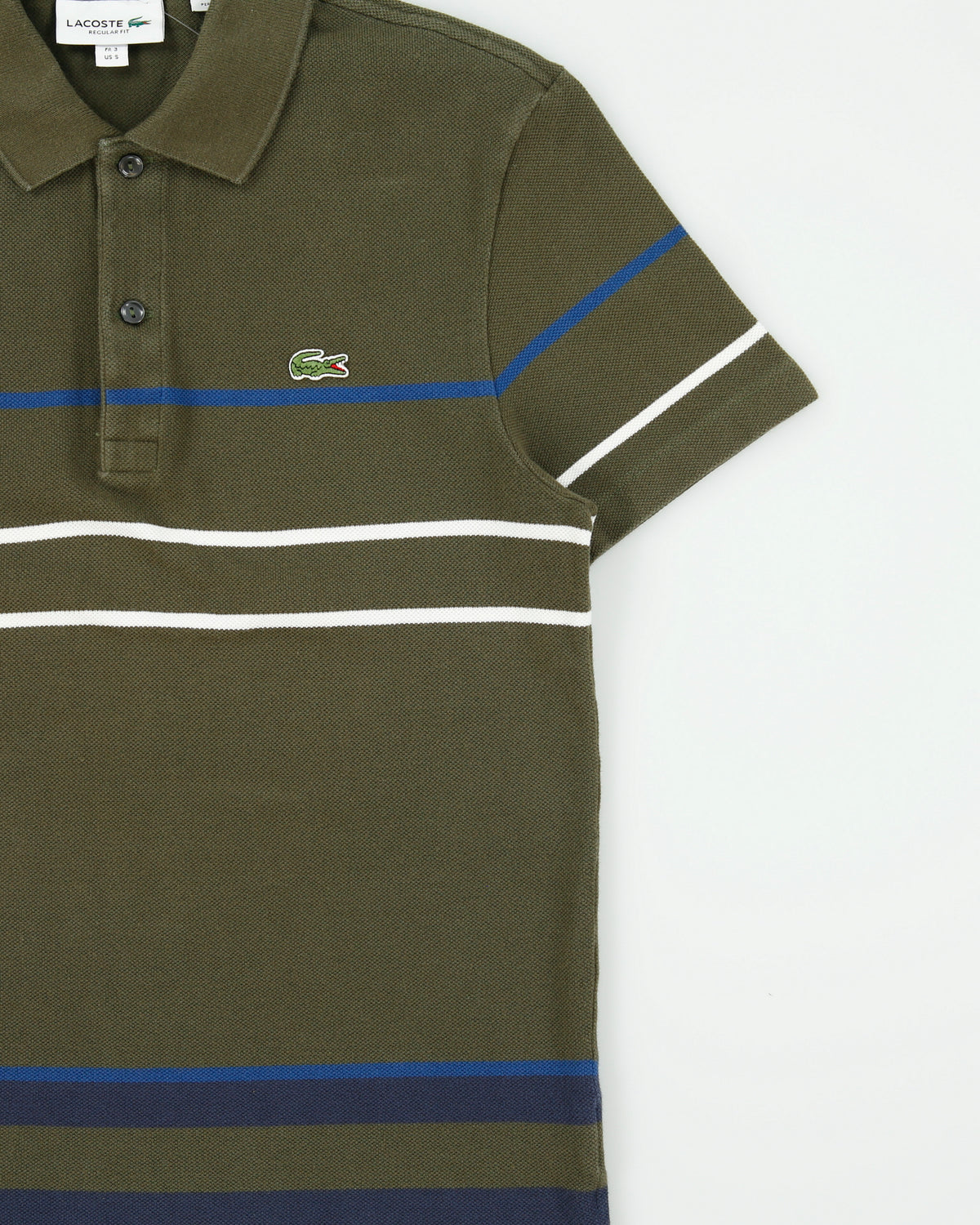 Vintage Lacoste Khaki Striped Classic Pique Regular Fit Short Sleeve Polo Shirt - S