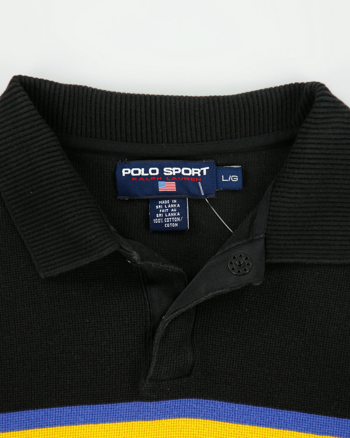 Vintage 1990s Polo Sport Ralph Lauren Striped Snap Button Long Sleeve Waffle Polo Shirt - L