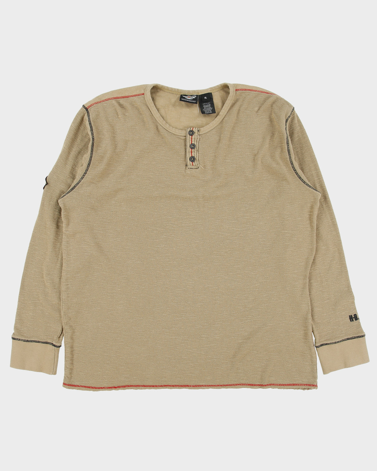 Vintage Harley Davidson Khaki Embroidered Long Sleeve Crewneck Waffle T-Shirt - XL