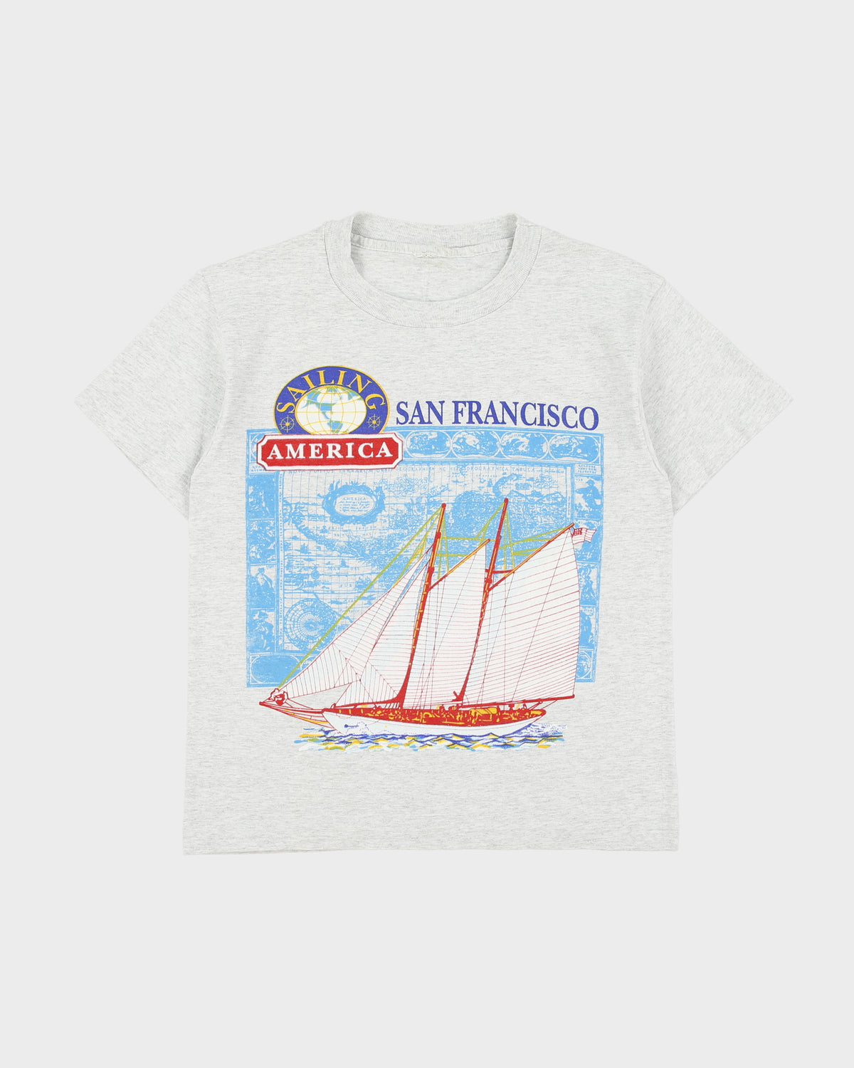 Vintage 1992 Sailing America San Francisco Heavyweight Marl Grey Single Stitch Made In USA Boxy Crewneck T-Shirt - M