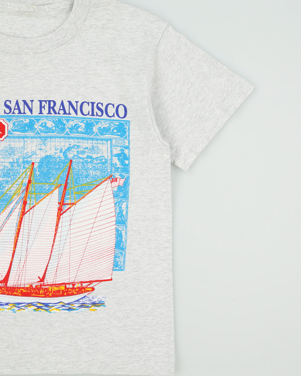 Vintage 1992 Sailing America San Francisco Heavyweight Marl Grey Single Stitch Made In USA Boxy Crewneck T-Shirt - M