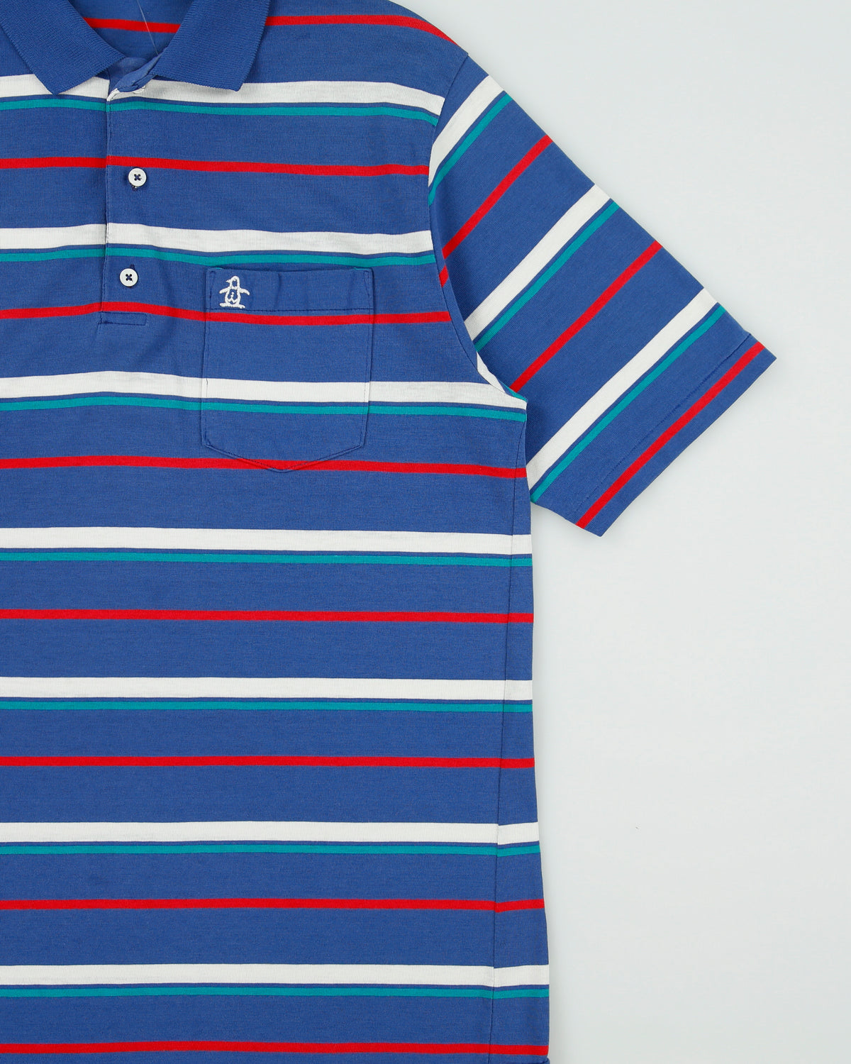 Vintage 1970s Grand Slam Penguin Muswingwear Striped Single Stitch Made In America Short Sleeve Polo Shirt - L