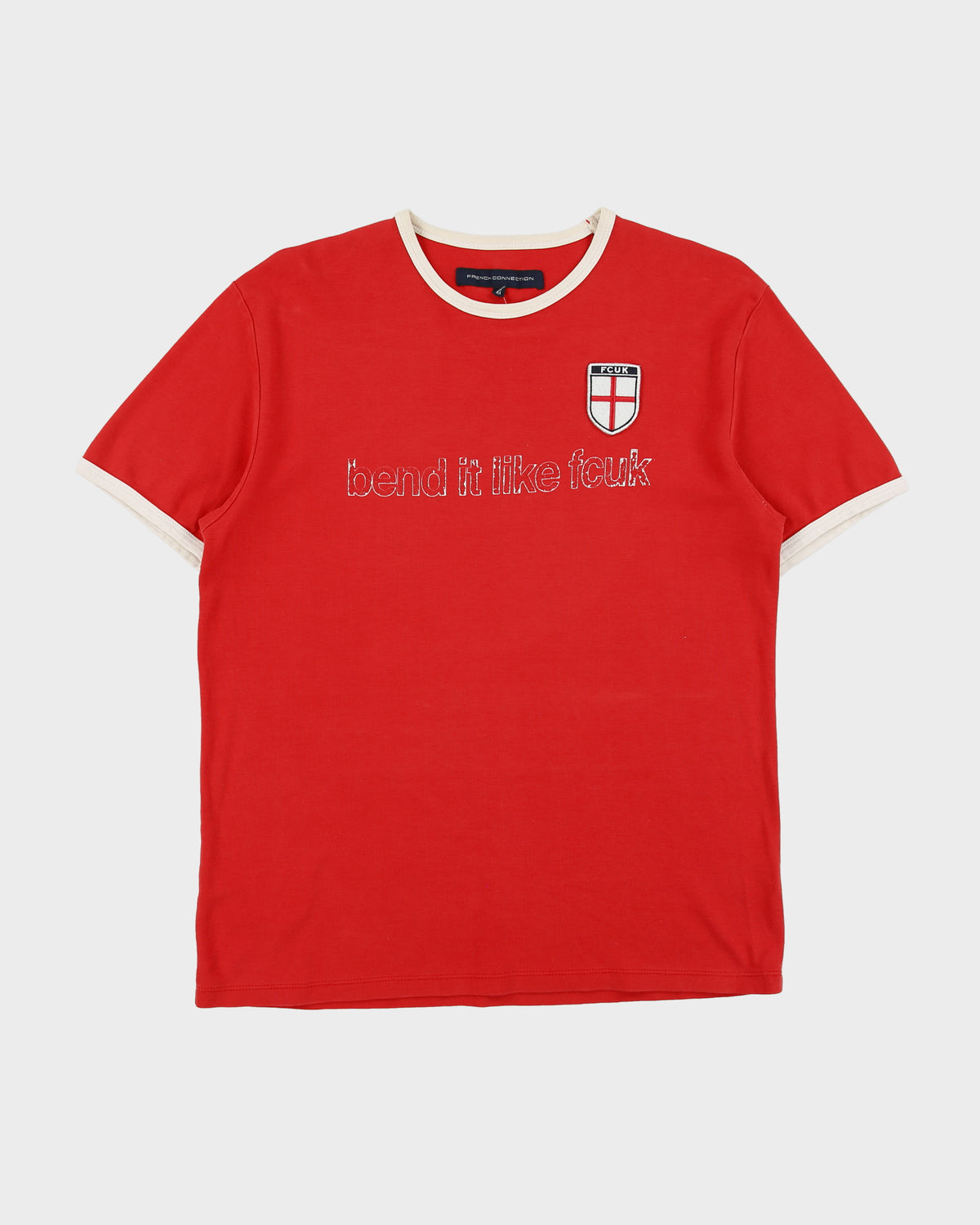 Vintage Y2K 00s French Connection England Football 'Bend It Like FCUK' Heavyweight Crewneck Ringer T-Shirt - M