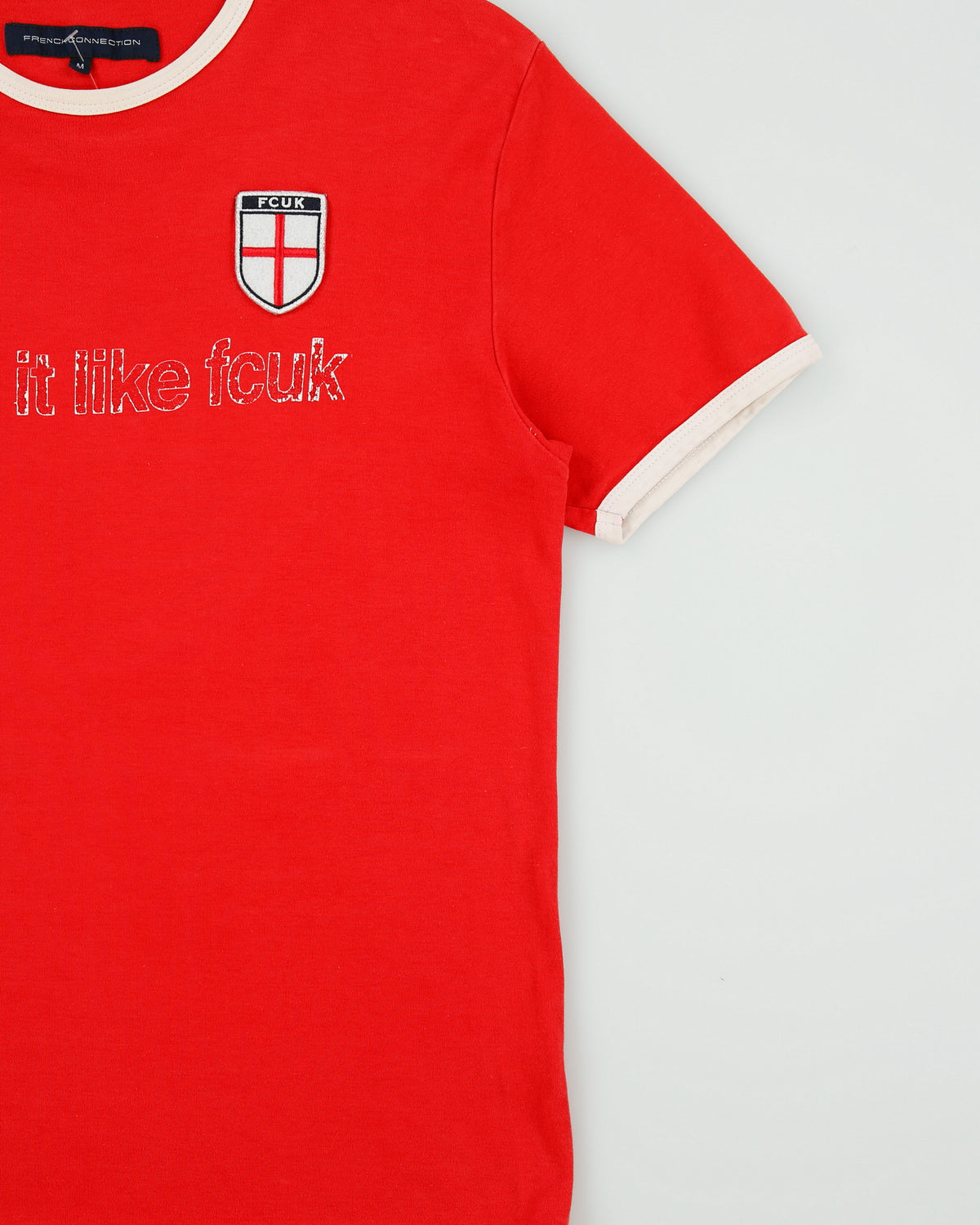 Vintage Y2K 00s French Connection England Football 'Bend It Like FCUK' Heavyweight Crewneck Ringer T-Shirt - M