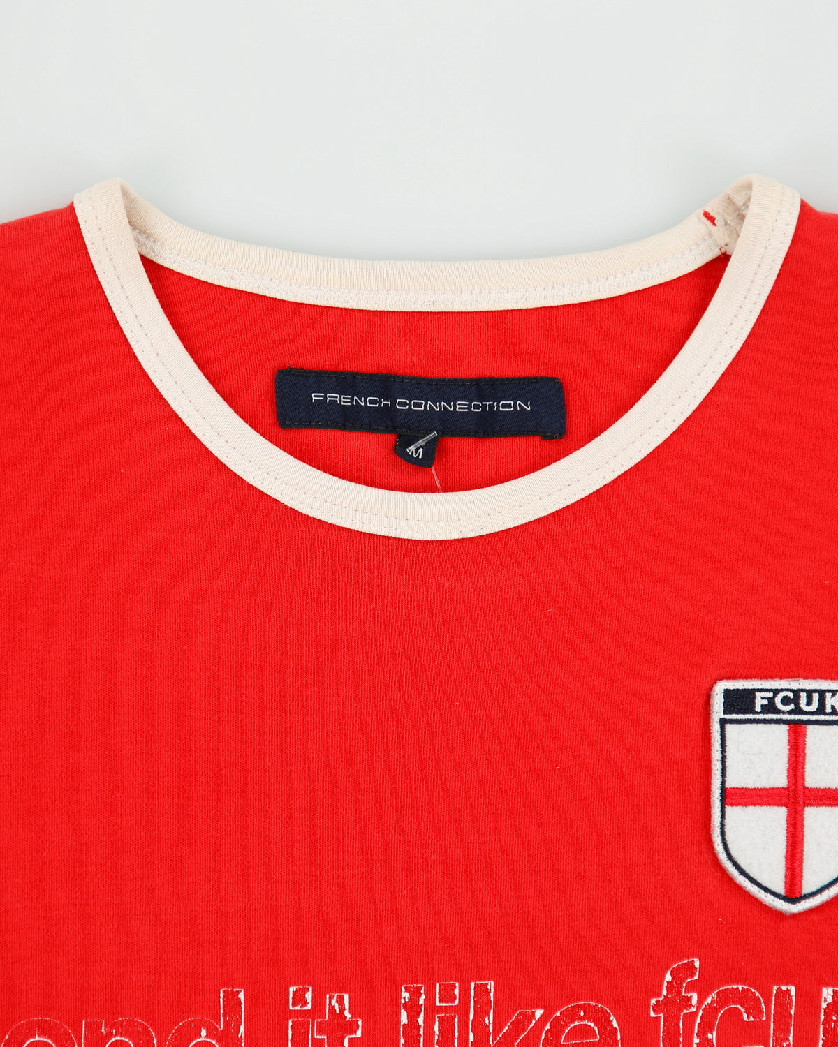 Vintage Y2K 00s French Connection England Football 'Bend It Like FCUK' Heavyweight Crewneck Ringer T-Shirt - M
