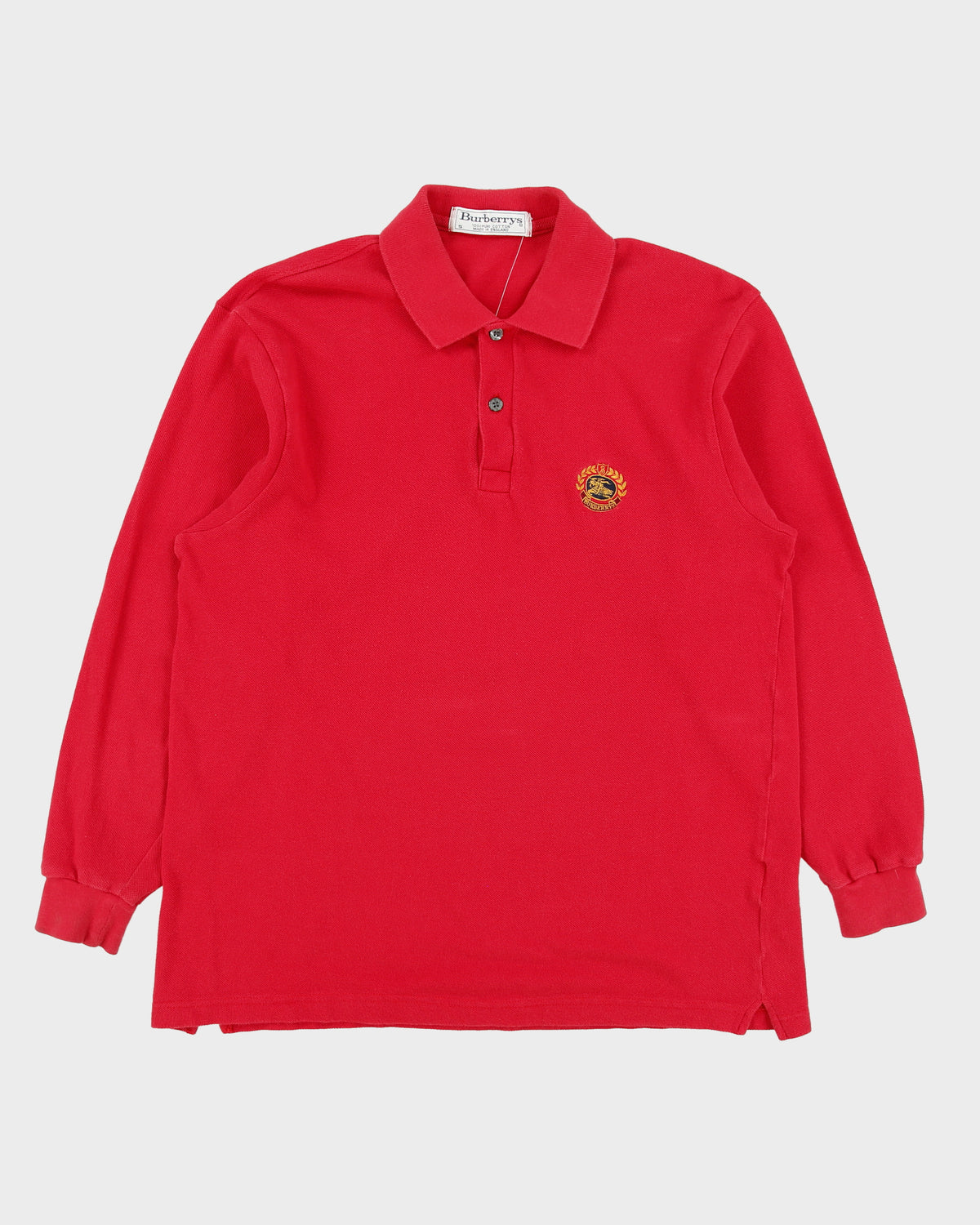 Vintage 1990s Burberry Embroidered Crest Made In England Long Sleeve Polo Shirt - S