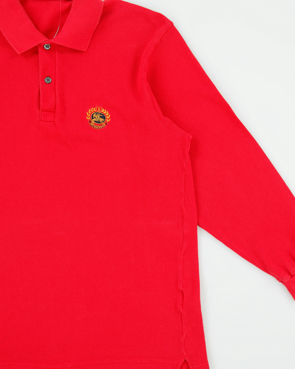 Vintage 1990s Burberry Embroidered Crest Made In England Long Sleeve Polo Shirt - S