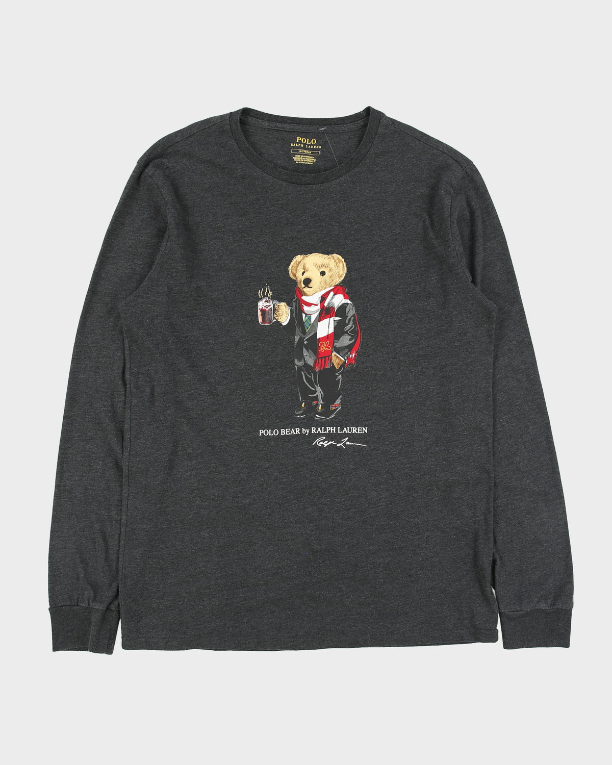 Vintage Polo Bear Ralph Lauren Marl Grey Winter Bear Single Stitch Long Sleeve Crewneck T-Shirt - M