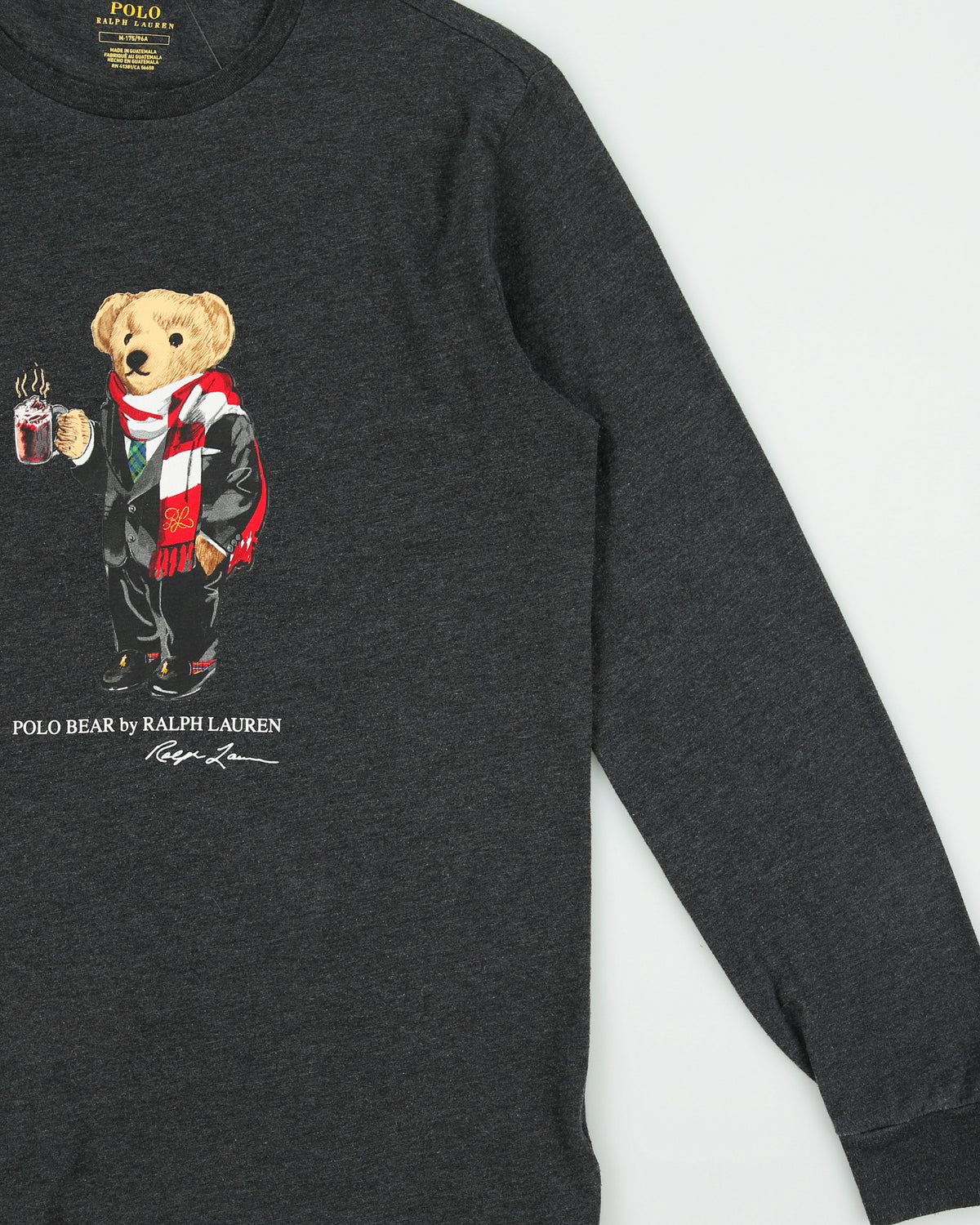 Vintage Polo Bear Ralph Lauren Marl Grey Winter Bear Single Stitch Long Sleeve Crewneck T-Shirt - M