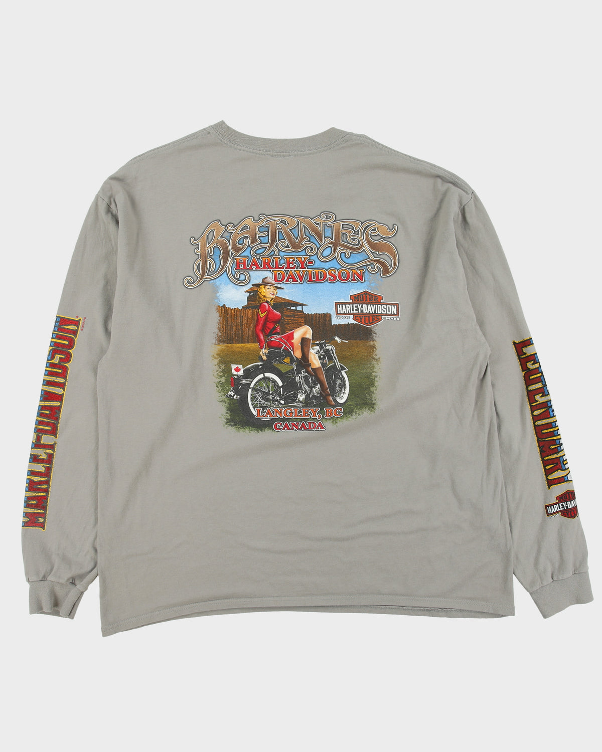 Vintage Harley Davidson Barnes Langley British Columbia Khaki Legendary Heavyweight Long Sleeve Crewneck T-Shirt - XXL