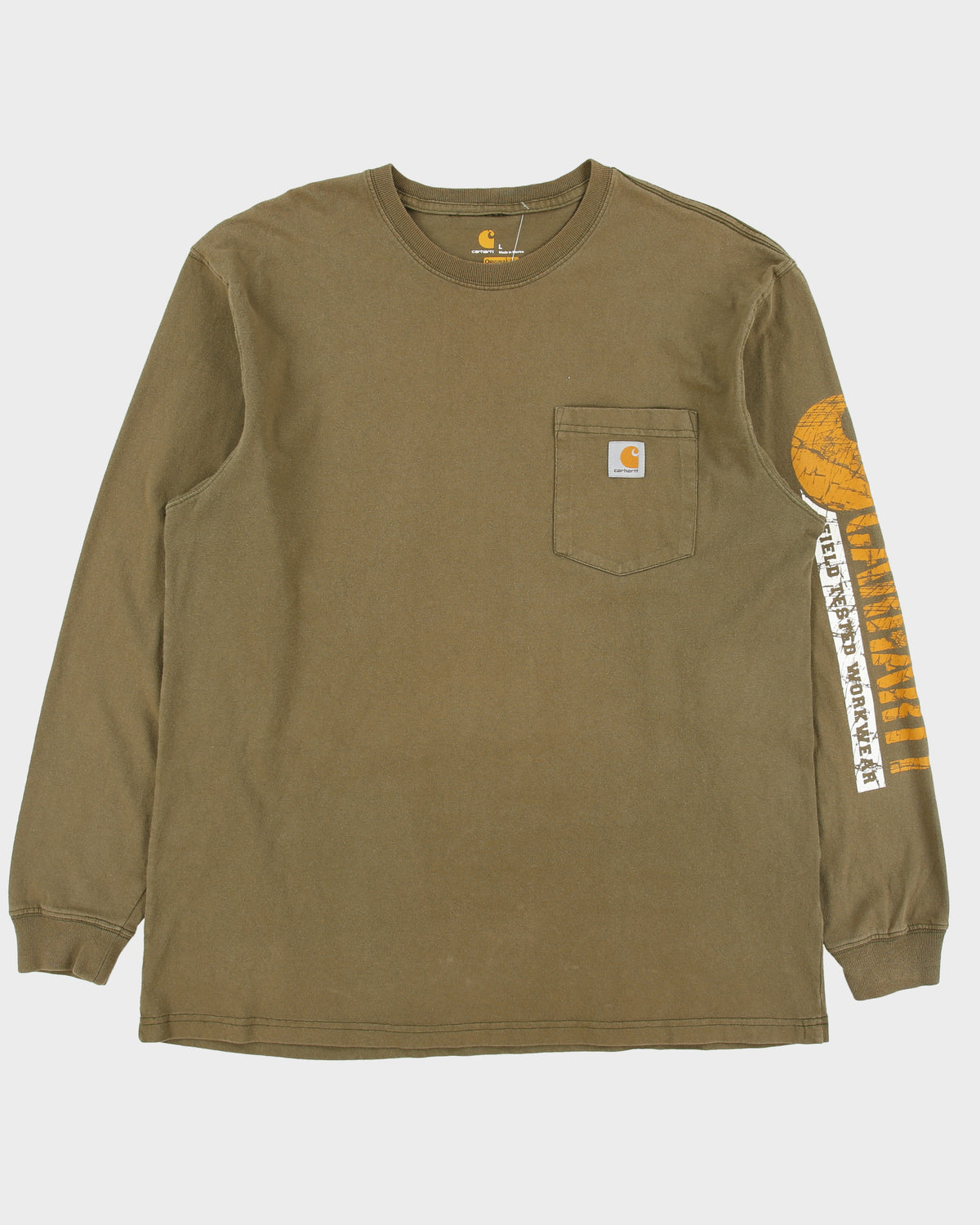 Vintage Carhartt Khaki Heavyweight Field Tested Workwear Original Fit Long Sleeve Crewneck Pocket T-Shirt - L