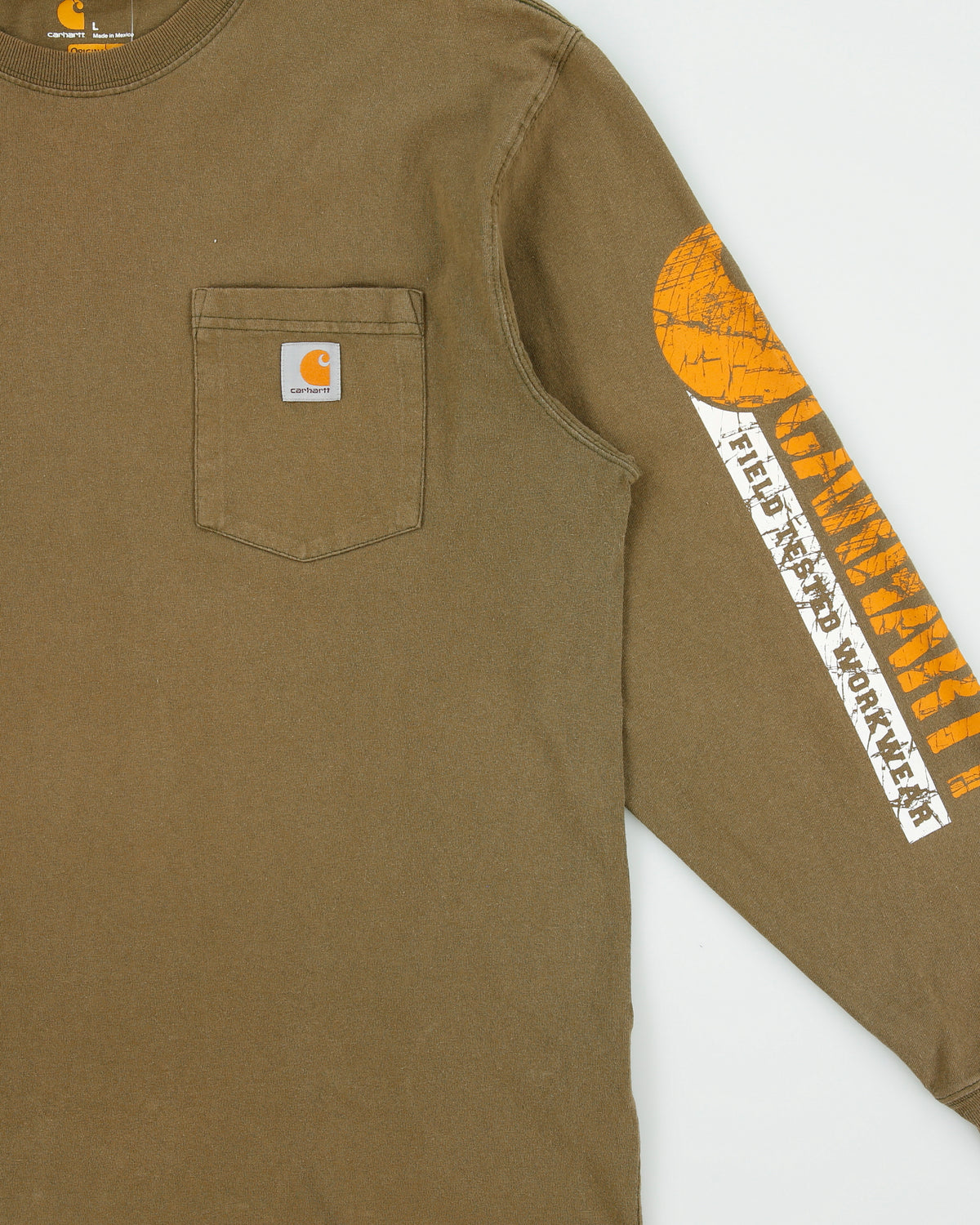 Vintage Carhartt Khaki Heavyweight Field Tested Workwear Original Fit Long Sleeve Crewneck Pocket T-Shirt - L