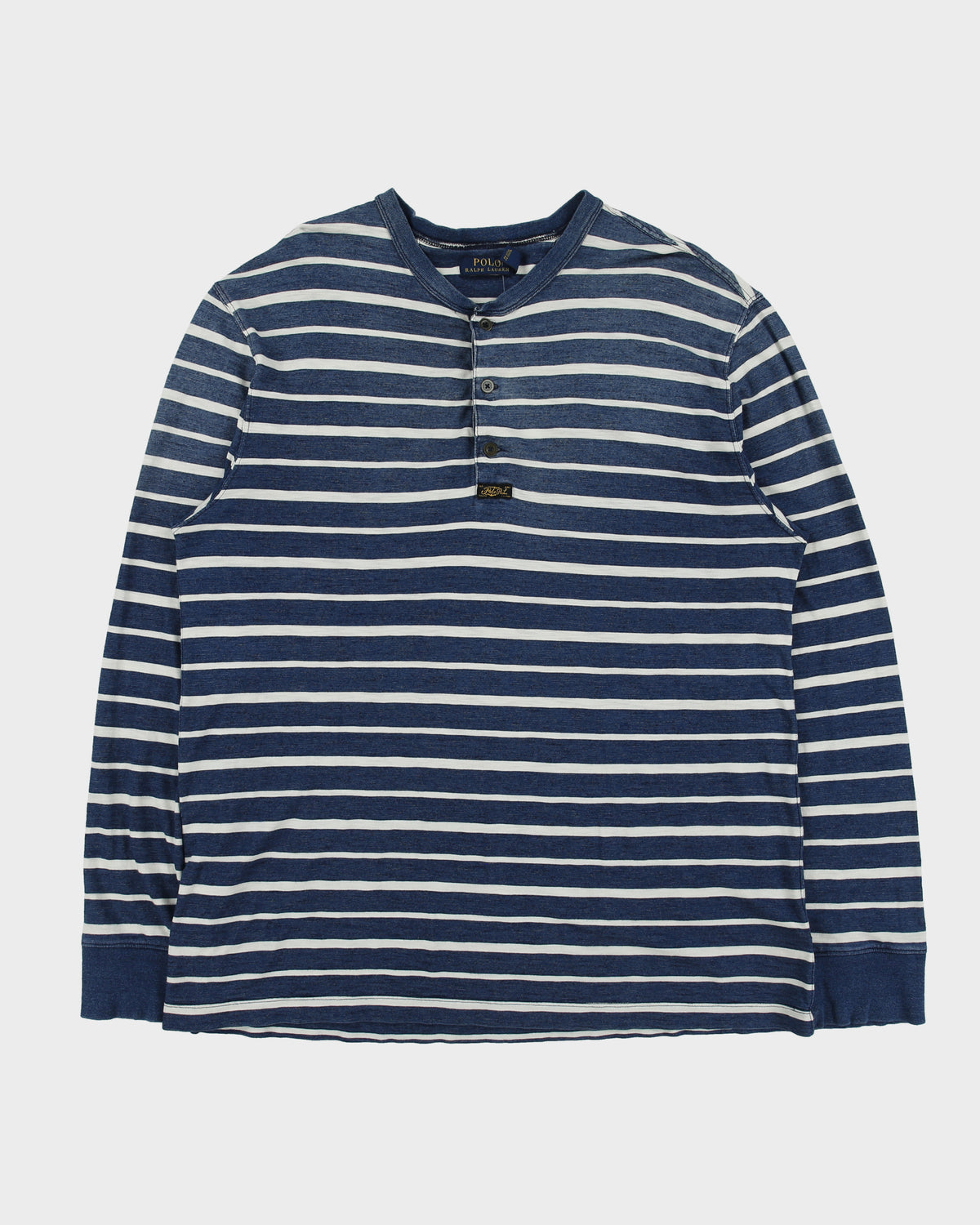 Vintage Polo Ralph Lauren Washed Indigo Striped Long Sleeve Crewneck Henley T-Shirt - XL