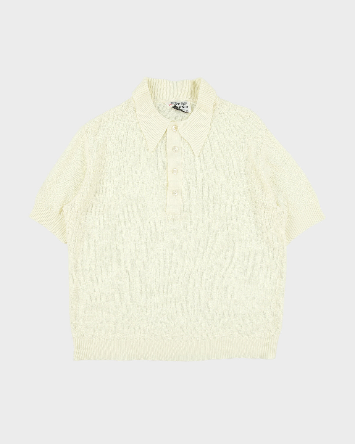 Vintage 1970s White Ram Pale Yellow Open Knit Made In Canada Short Sleeve Polo Shirt - M