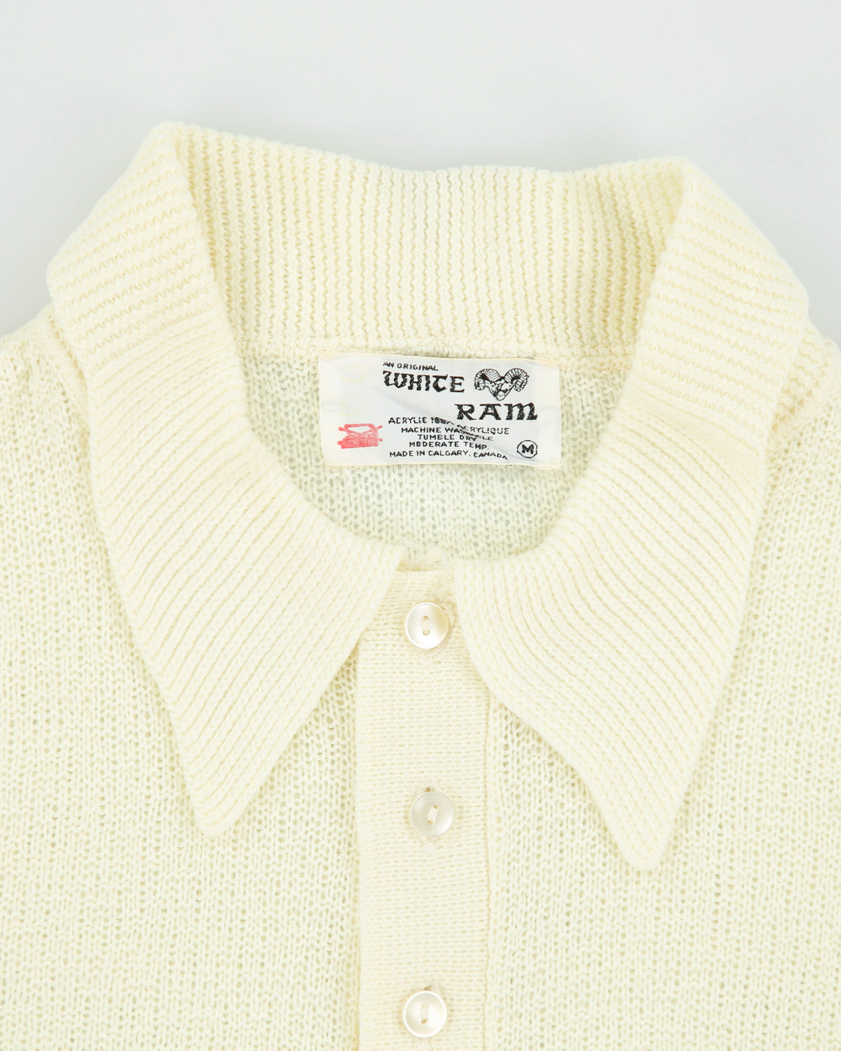 Vintage 1970s White Ram Pale Yellow Open Knit Made In Canada Short Sleeve Polo Shirt - M