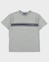Vintage Y2K 00s Tommy Hilfiger Marl Grey Heavyweight Embroidered V-Neck T-Shirt - M