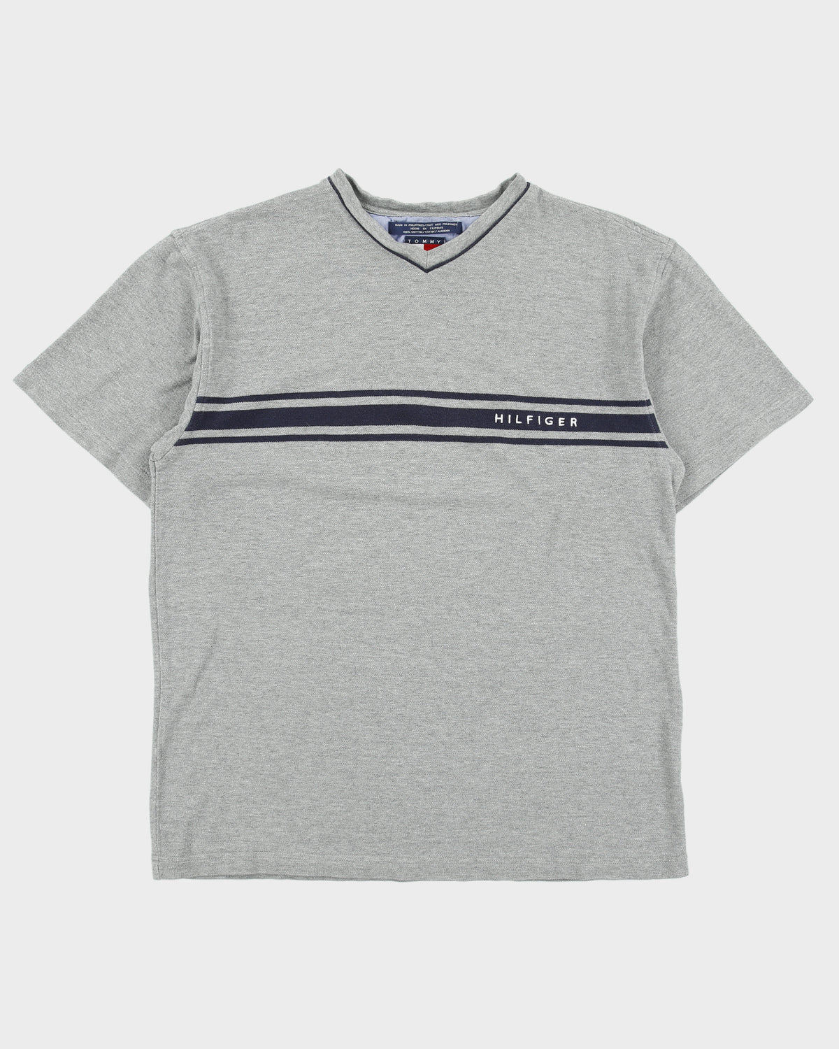 Vintage Y2K 00s Tommy Hilfiger Marl Grey Heavyweight Embroidered V-Neck T-Shirt - M