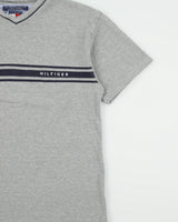 Vintage Y2K 00s Tommy Hilfiger Marl Grey Heavyweight Embroidered V-Neck T-Shirt - M