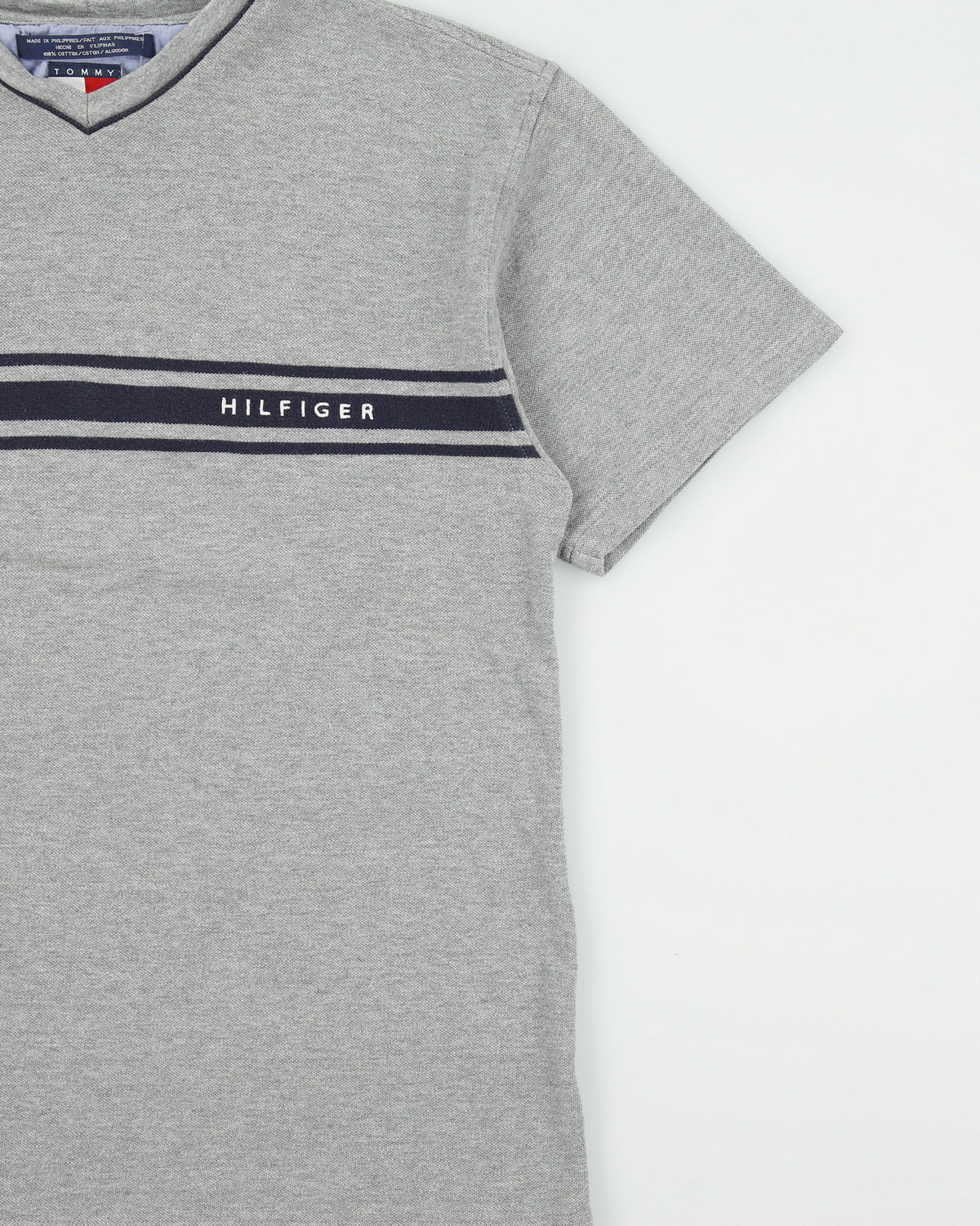 Vintage Y2K 00s Tommy Hilfiger Marl Grey Heavyweight Embroidered V-Neck T-Shirt - M