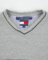 Vintage Y2K 00s Tommy Hilfiger Marl Grey Heavyweight Embroidered V-Neck T-Shirt - M