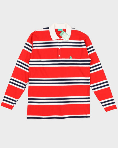 Vintage 70s Benetton Red Striped Long Sleeved Polo Shirt Deadstock With Tags - M