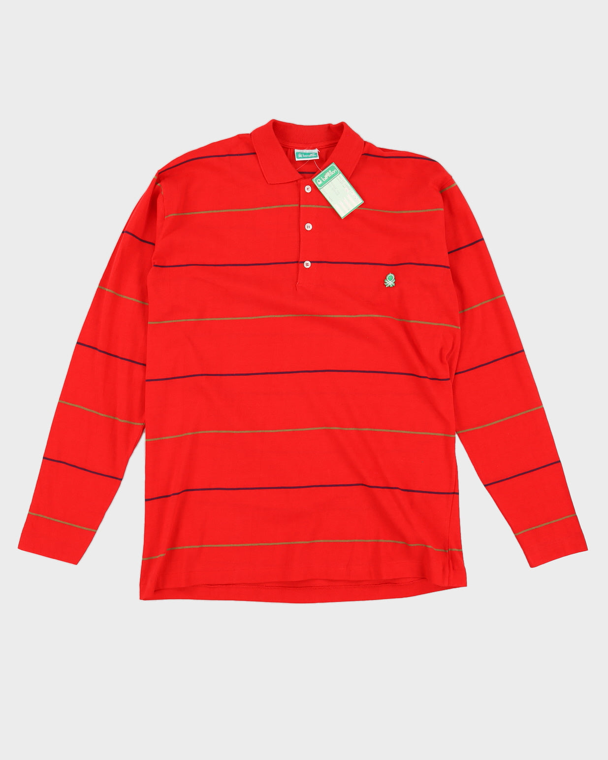 Vintage 70s Benetton Red Striped Long Sleeved Polo Shirt Deadstock With Tags - M