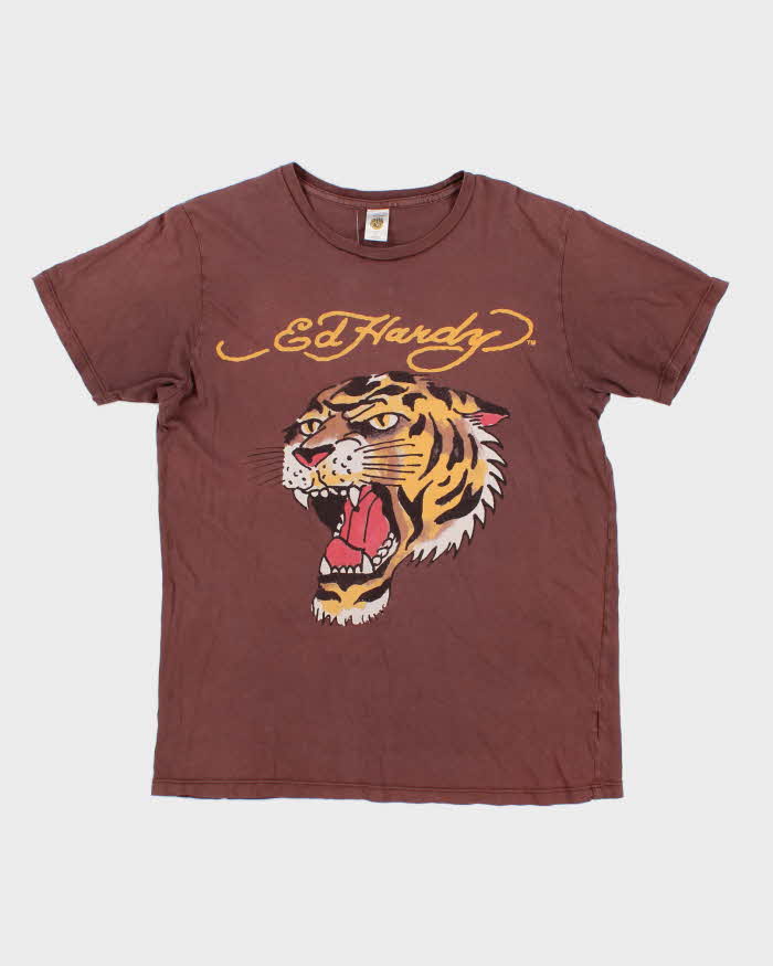 Men's Brown Ed Hardy Tiger Graphic Print Graphic T shirt - L