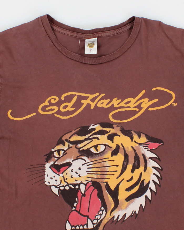 Men's Brown Ed Hardy Tiger Graphic Print Graphic T shirt - L