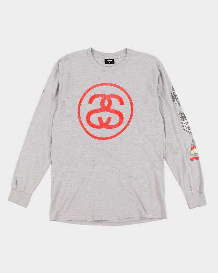 Mens Grey Stussy Distressed Logo Long Sleeve T-Shirt - M