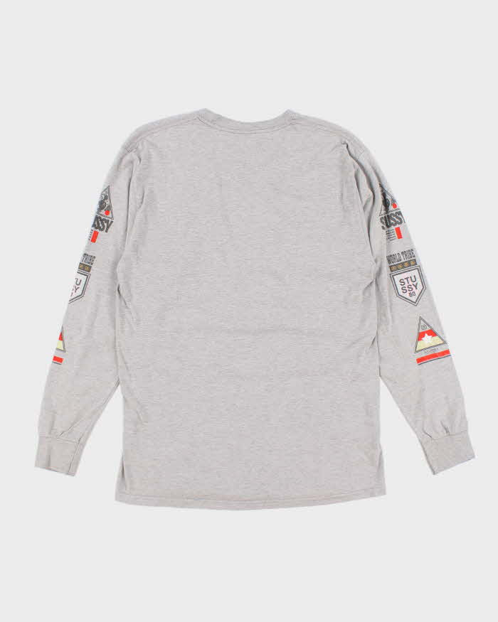 Mens Grey Stussy Distressed Logo Long Sleeve T-Shirt - M