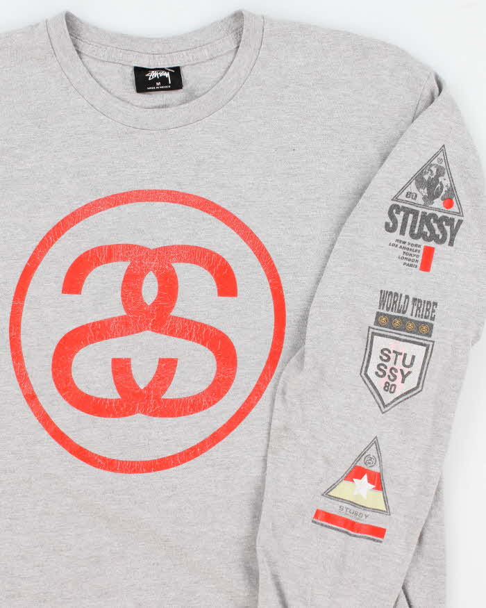 Mens Grey Stussy Distressed Logo Long Sleeve T-Shirt - M