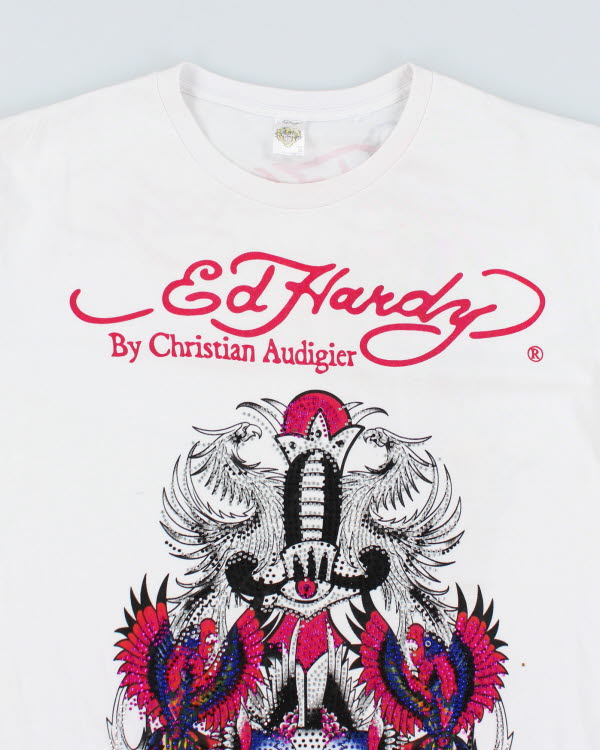 Vintage Y2K Ed Hardy Sequined Graphic T-Shirt - L